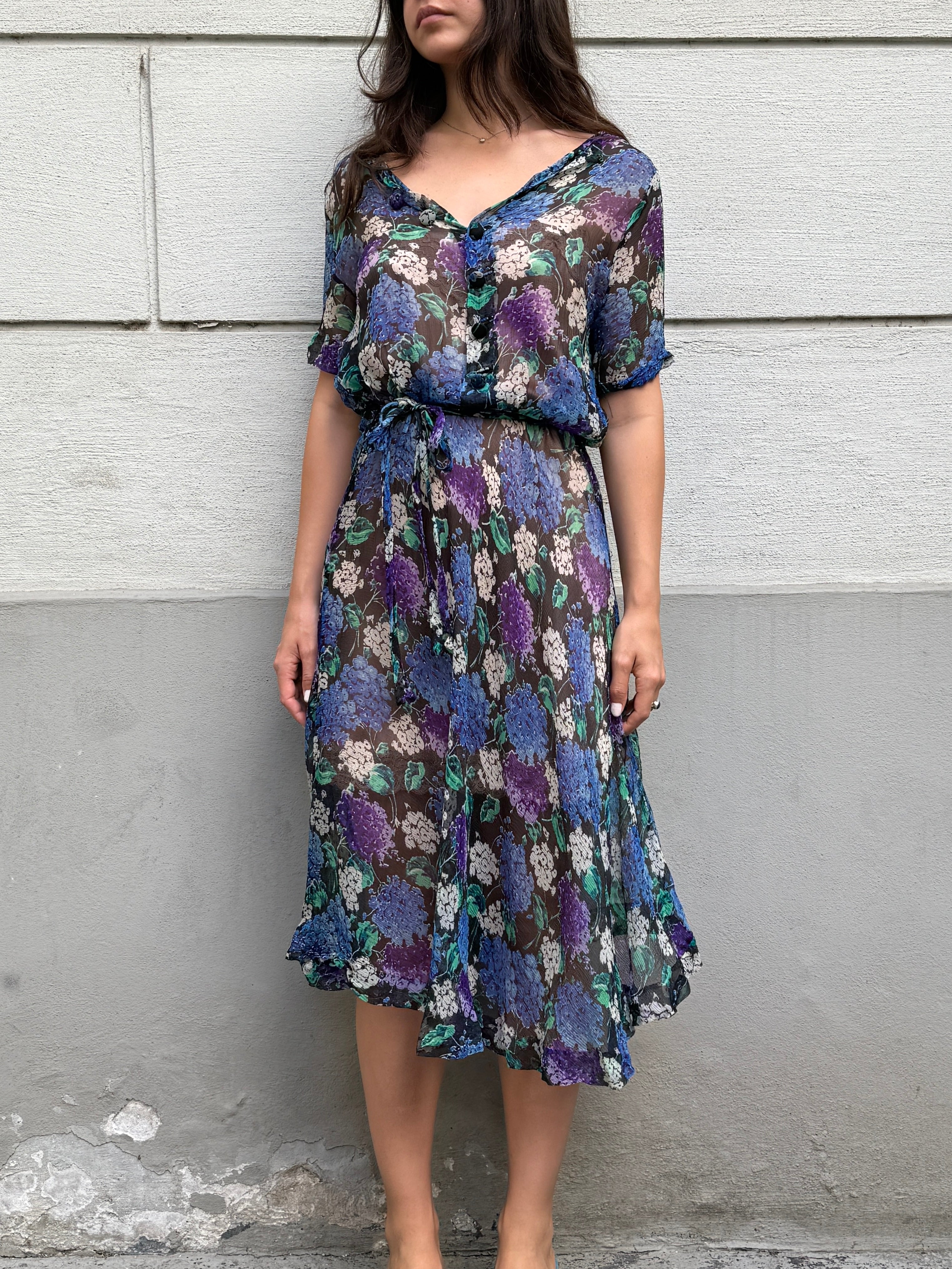 Vintage 100% Silk Blue Printed Midi Dress M