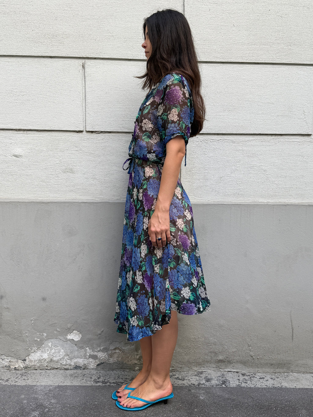 Vintage 100% Silk Blue Printed Midi Dress M