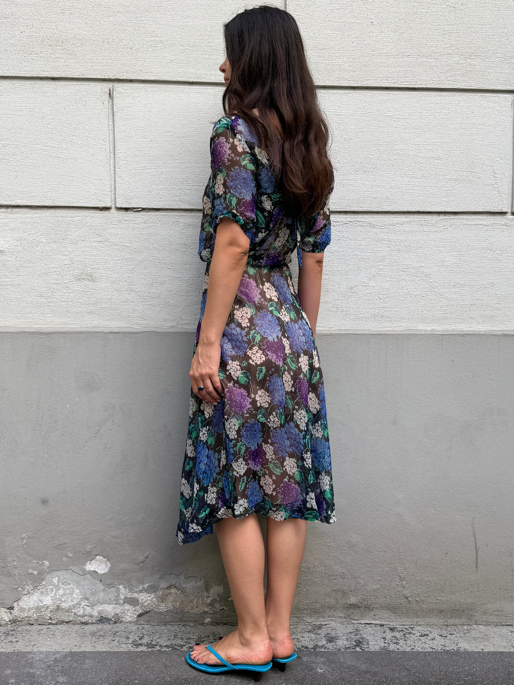 Vintage 100% Silk Blue Printed Midi Dress M