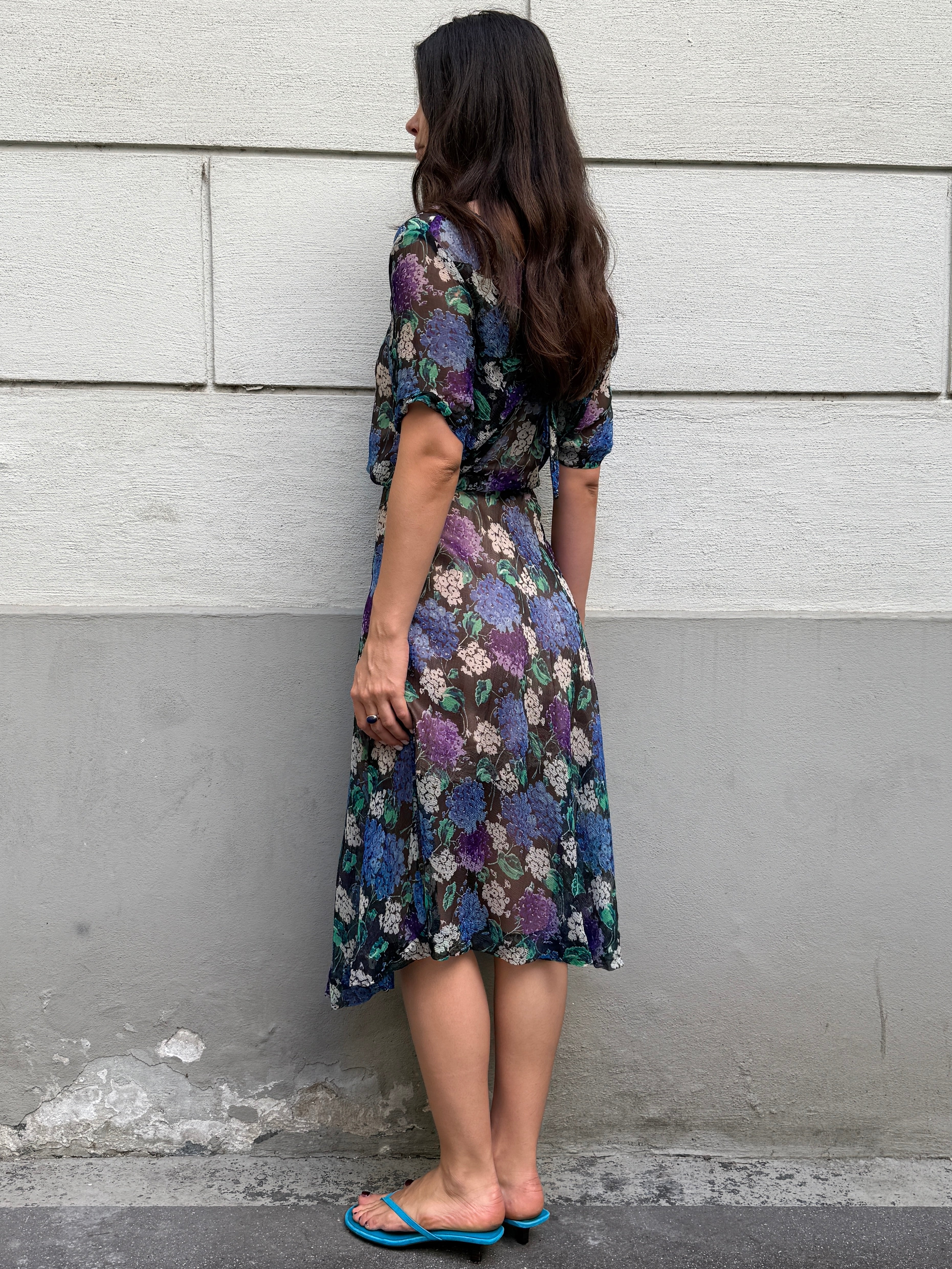 Vintage 100% Silk Blue Printed Midi Dress M
