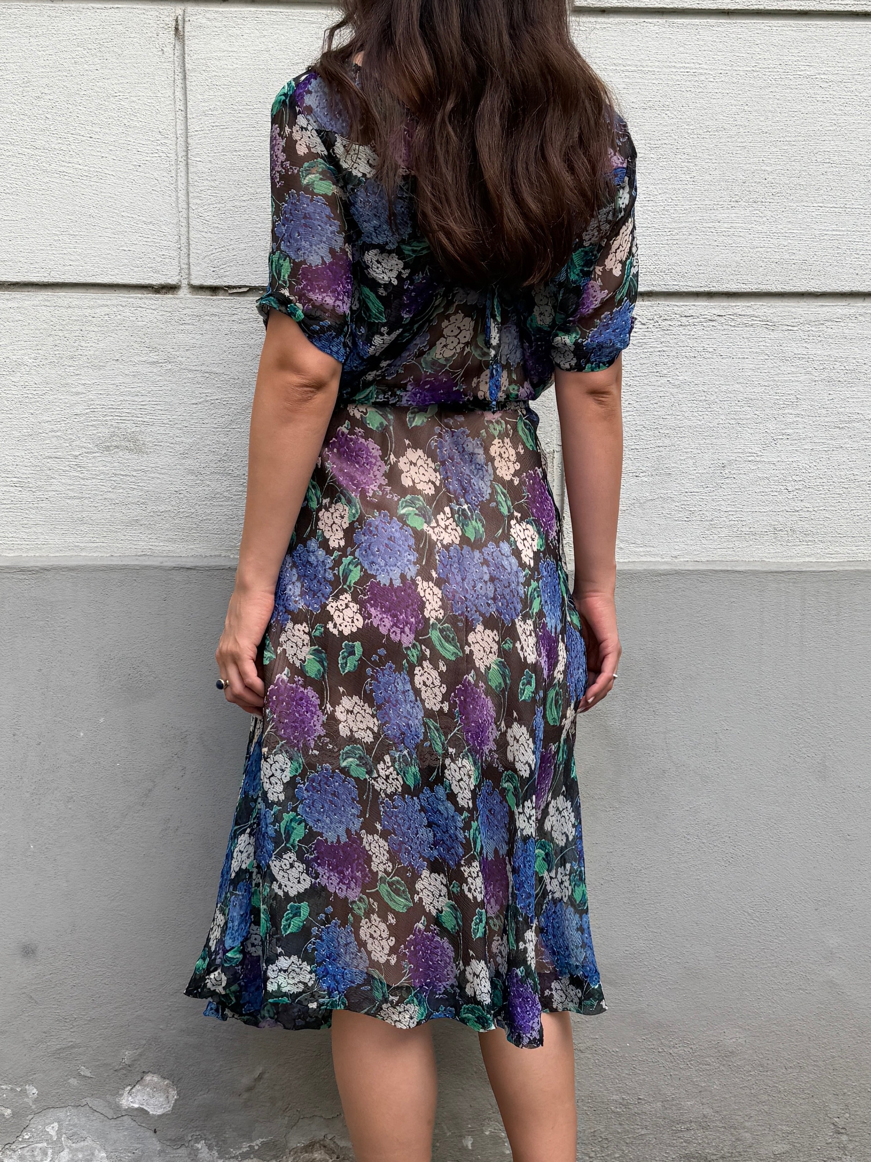 Vintage 100% Silk Blue Printed Midi Dress M