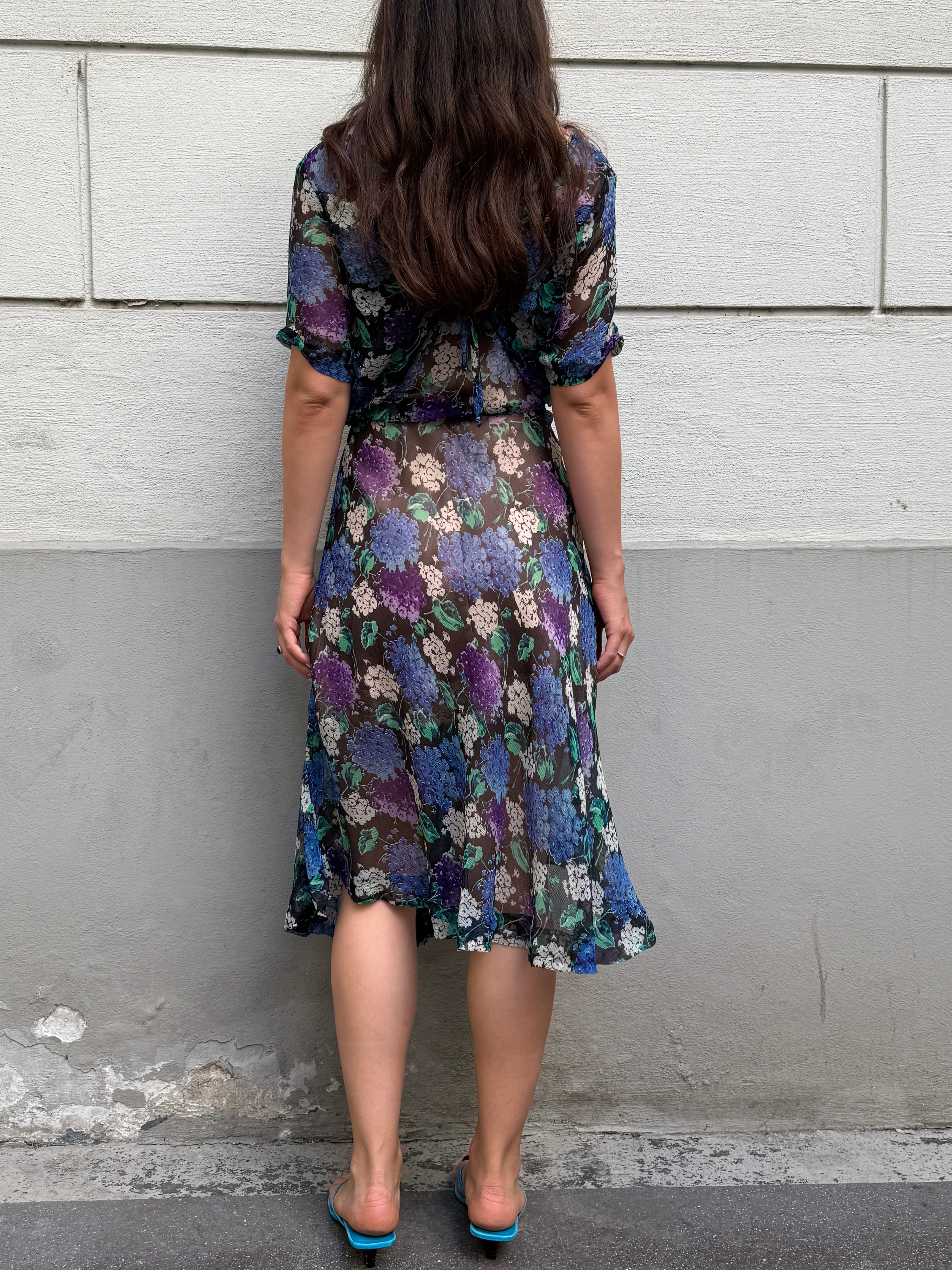 Vintage 100% Silk Blue Printed Midi Dress M