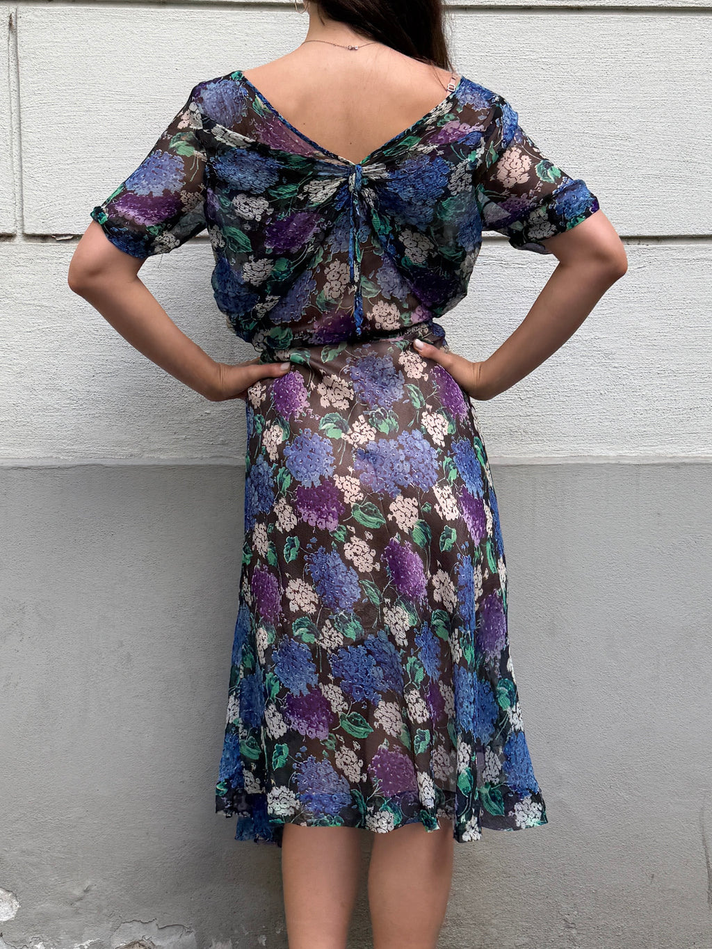 Vintage 100% Silk Blue Printed Midi Dress M