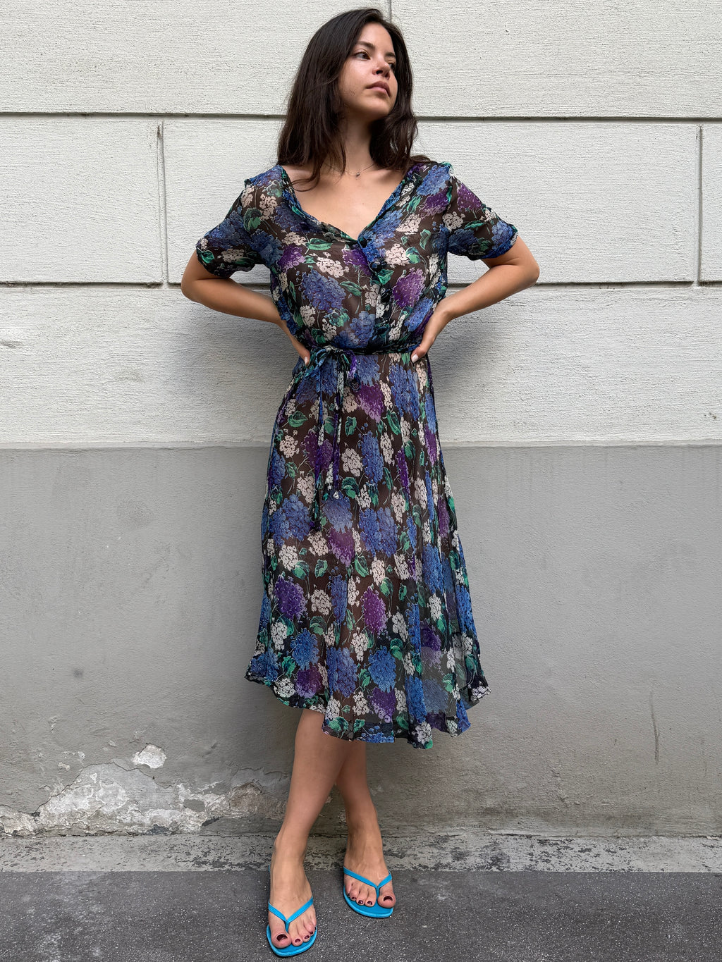 Vintage 100% Silk Blue Printed Midi Dress M