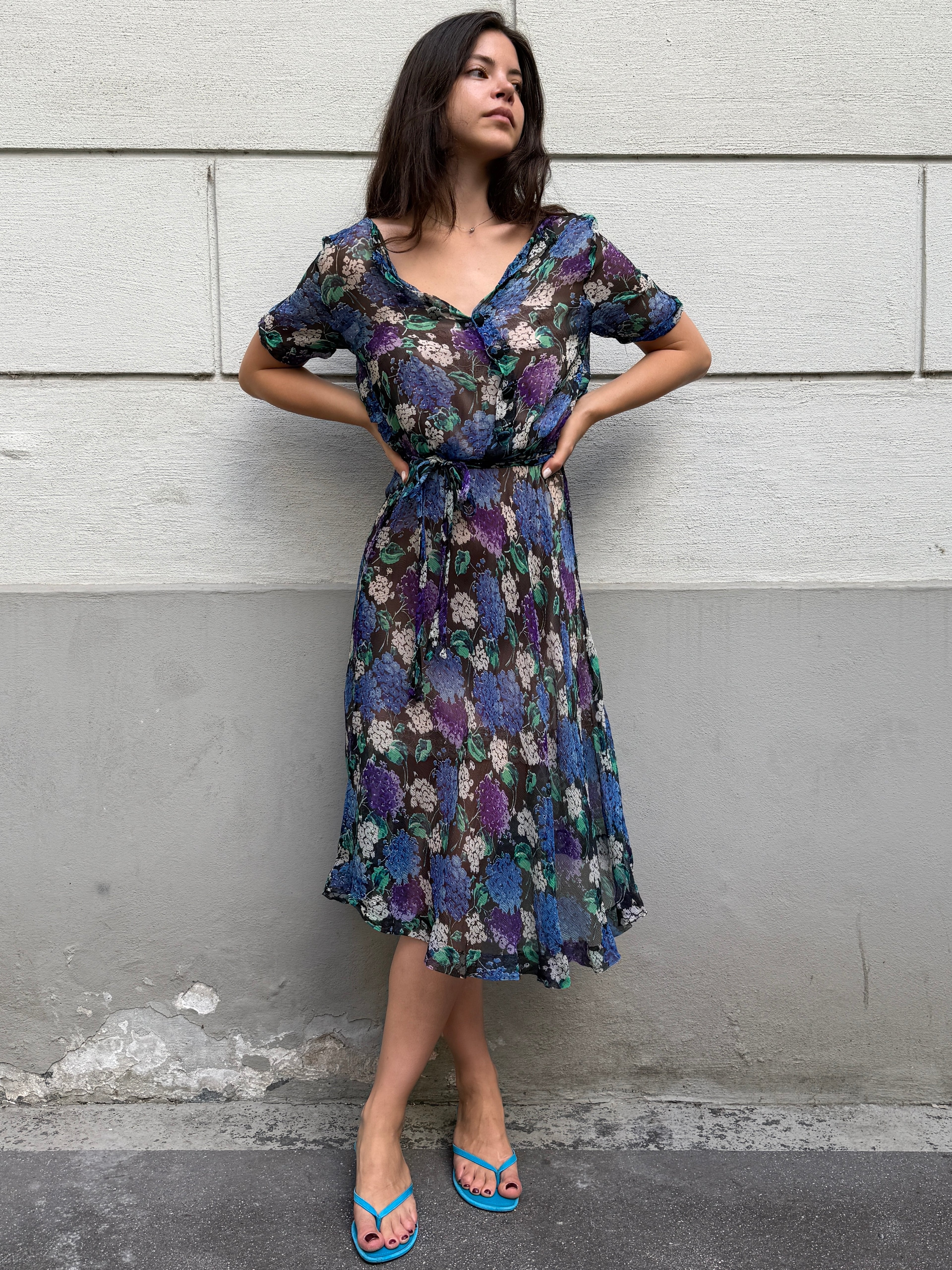 Vintage 100% Silk Blue Printed Midi Dress M