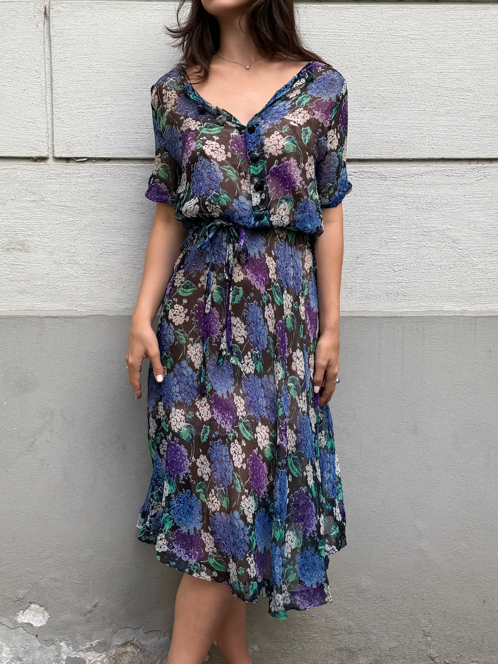 Vintage 100% Silk Blue Printed Midi Dress M