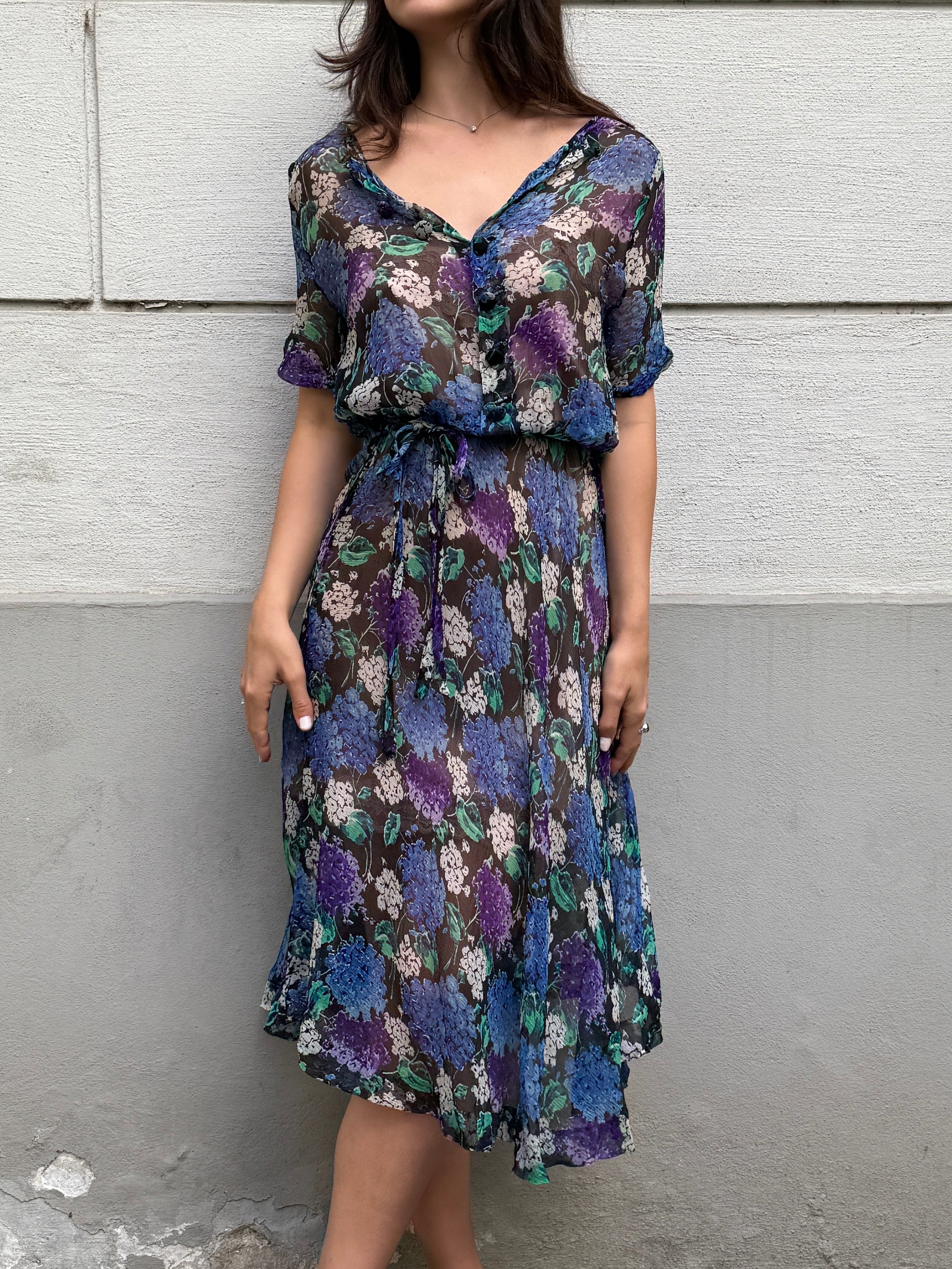 Vintage 100% Silk Blue Printed Midi Dress M