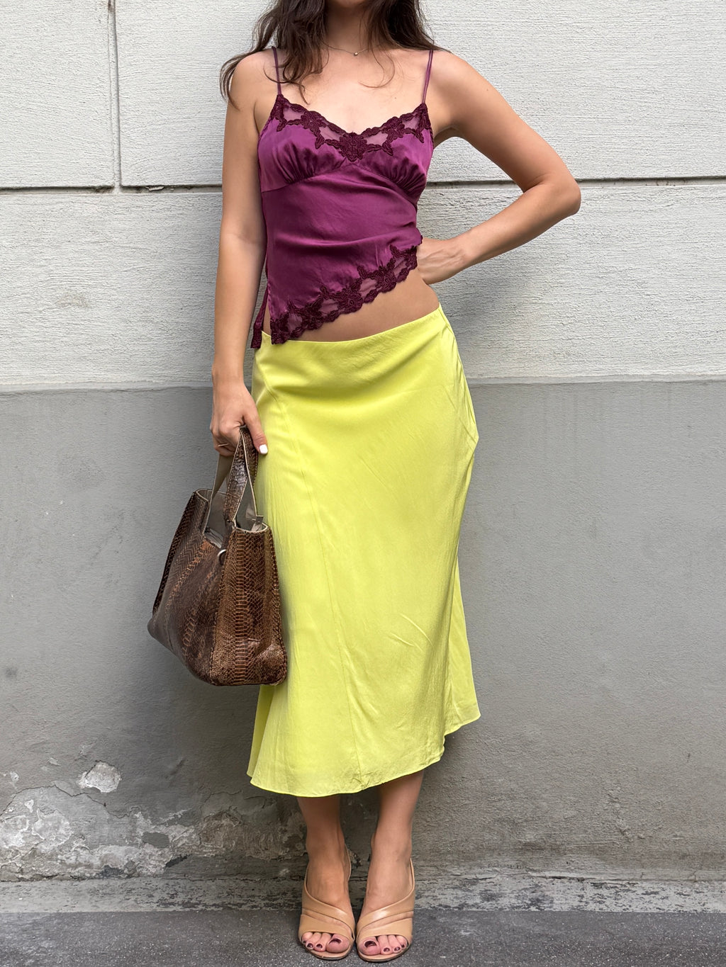 COS 100% Silk Neon Yellow Midi Skirt S/M