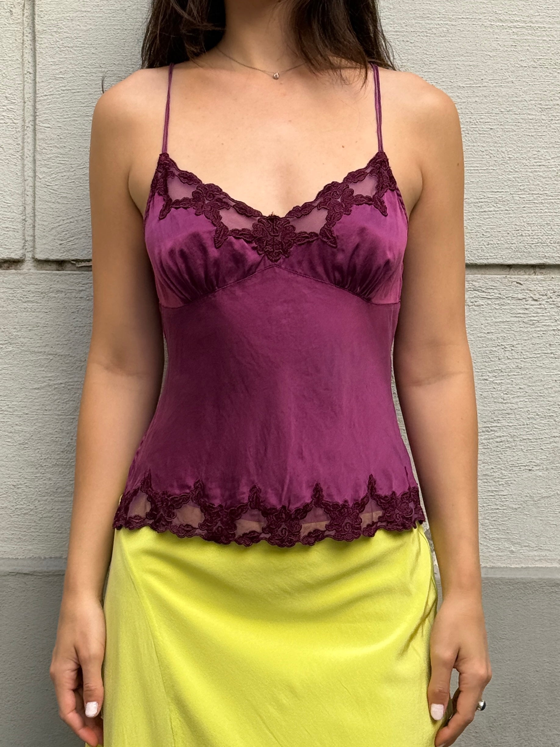 Vintage 100% Silk Fuchsia Lace Trim Tank Top S/M