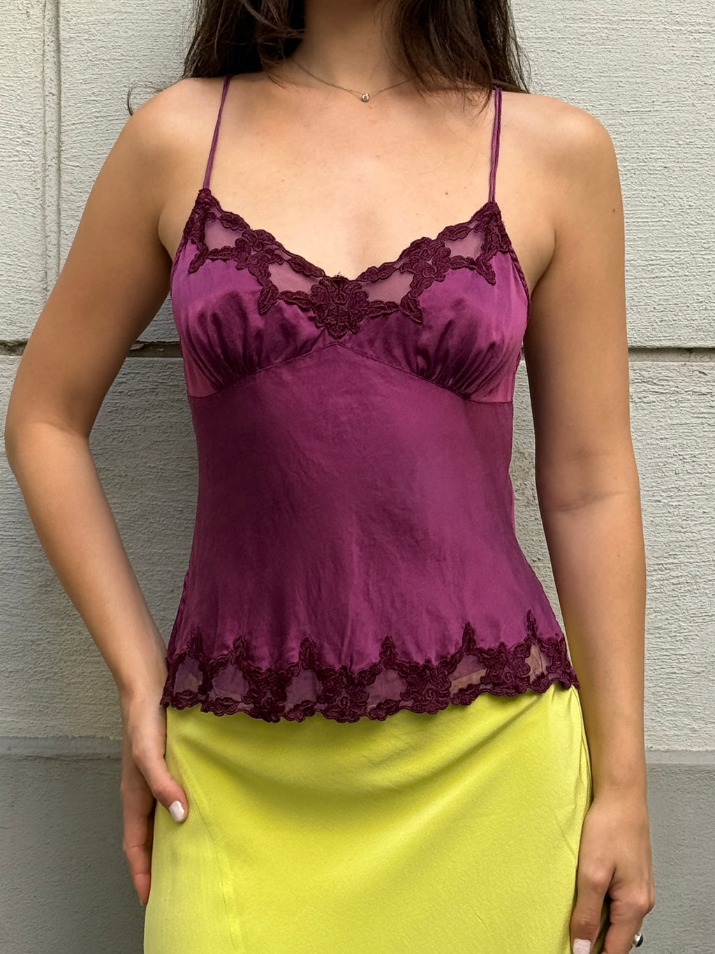 Vintage 100% Silk Fuchsia Lace Trim Tank Top S/M