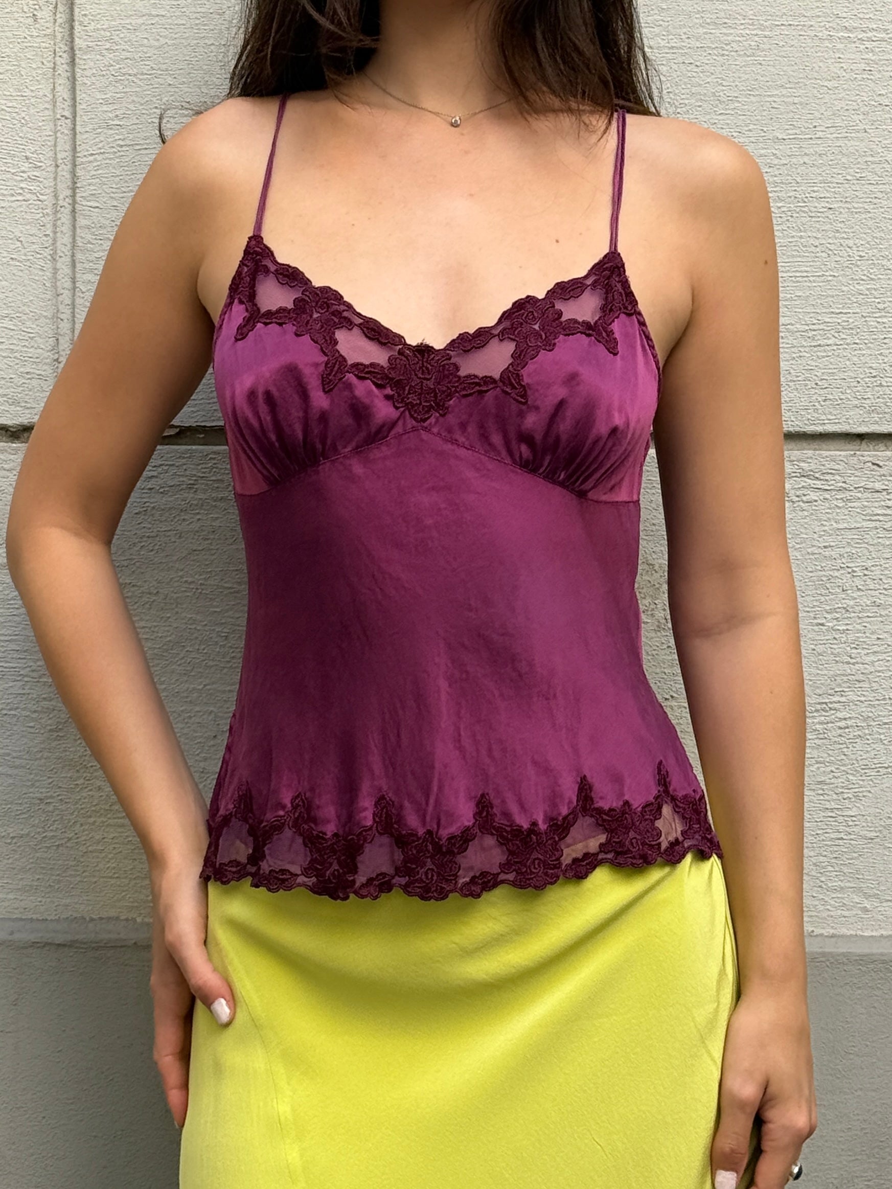 Vintage 100% Silk Fuchsia Lace Trim Tank Top S/M