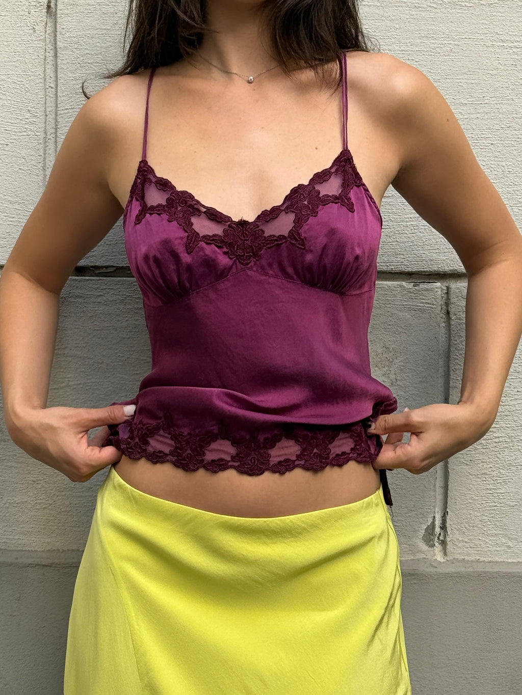 Vintage 100% Silk Fuchsia Lace Trim Tank Top S/M