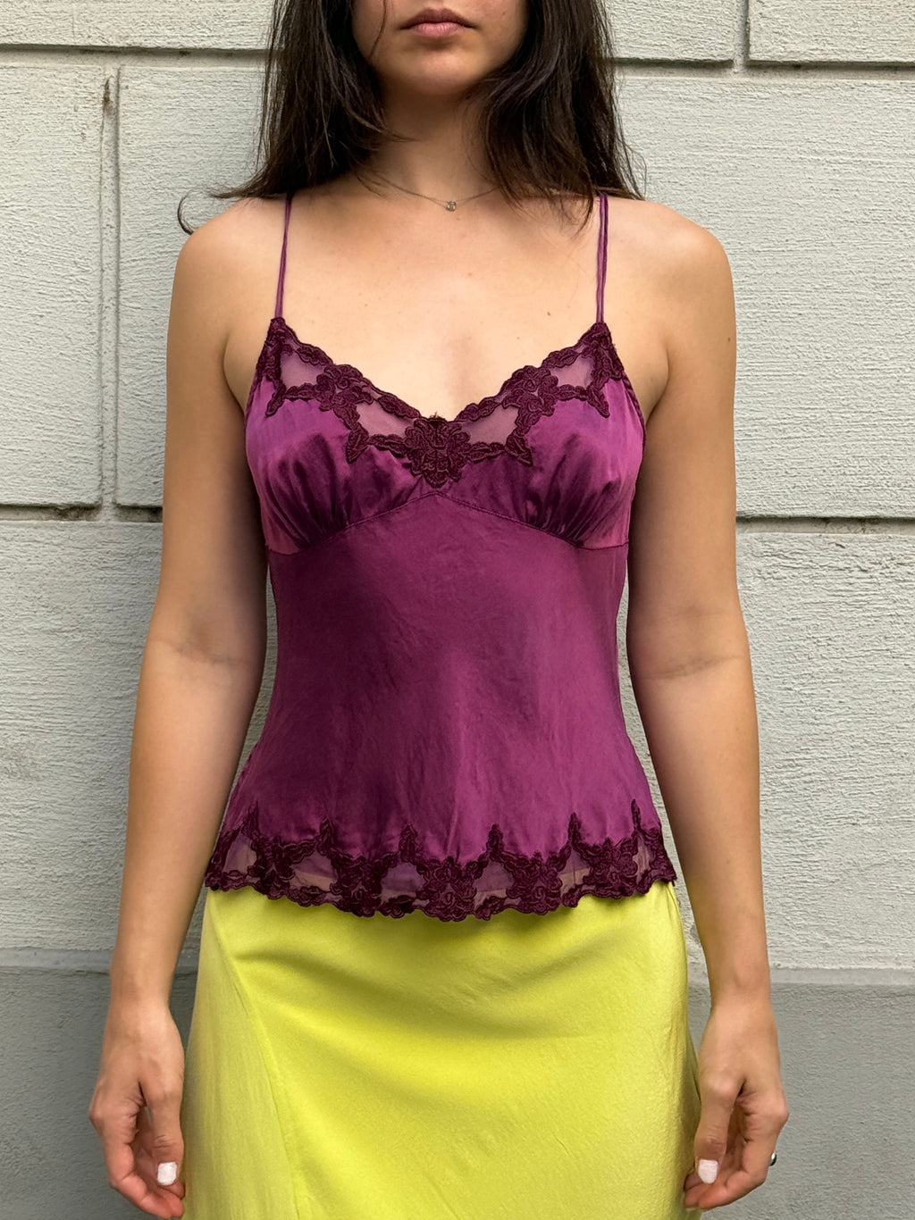 Vintage 100% Silk Fuchsia Lace Trim Tank Top S/M