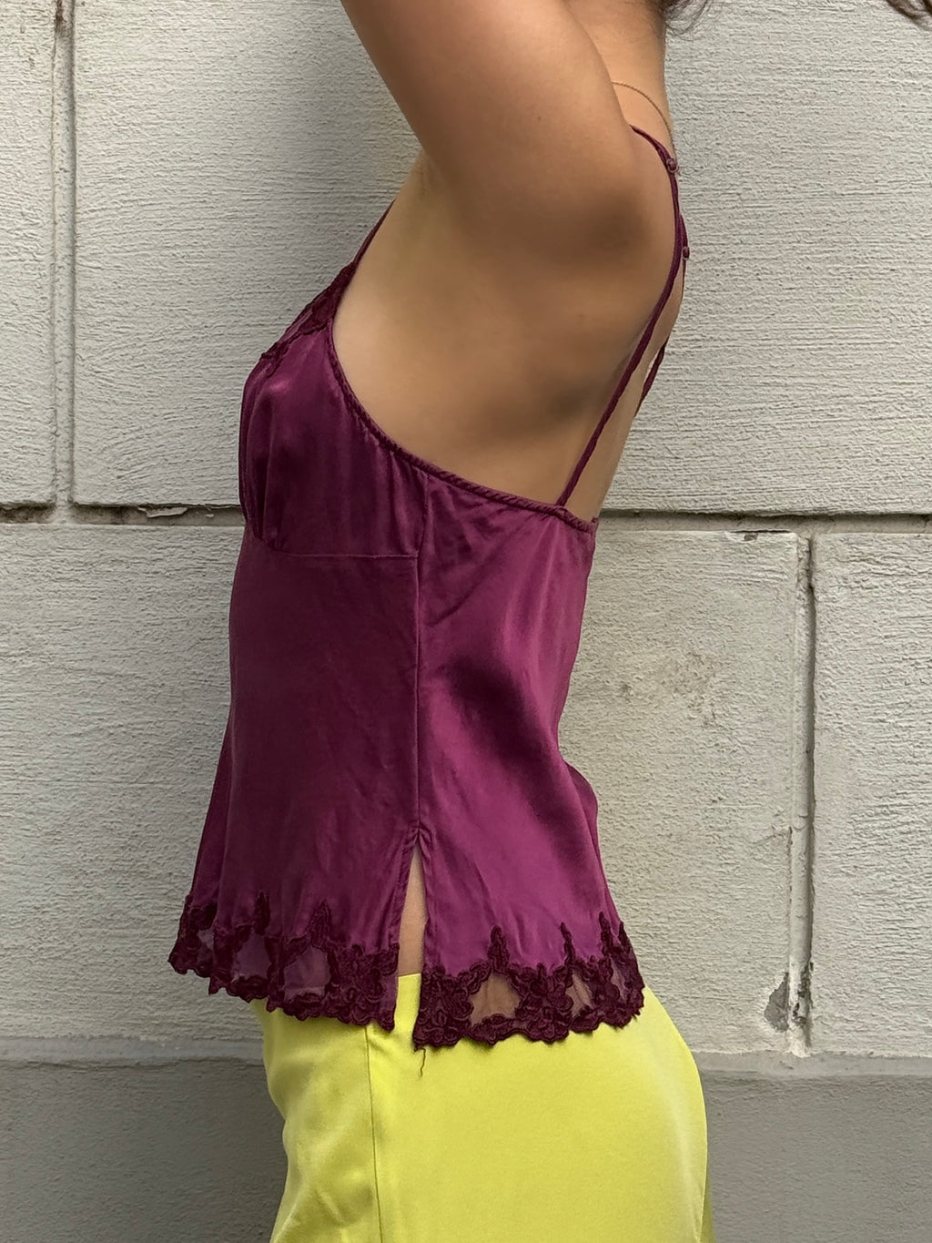 Vintage 100% Silk Fuchsia Lace Trim Tank Top S/M