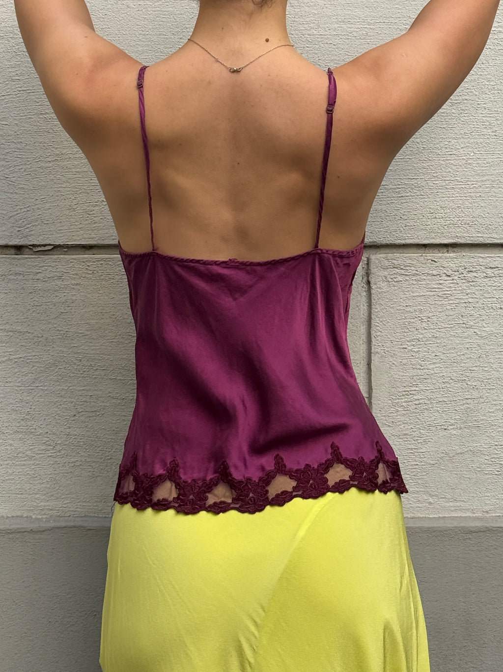 Vintage 100% Silk Fuchsia Lace Trim Tank Top S/M