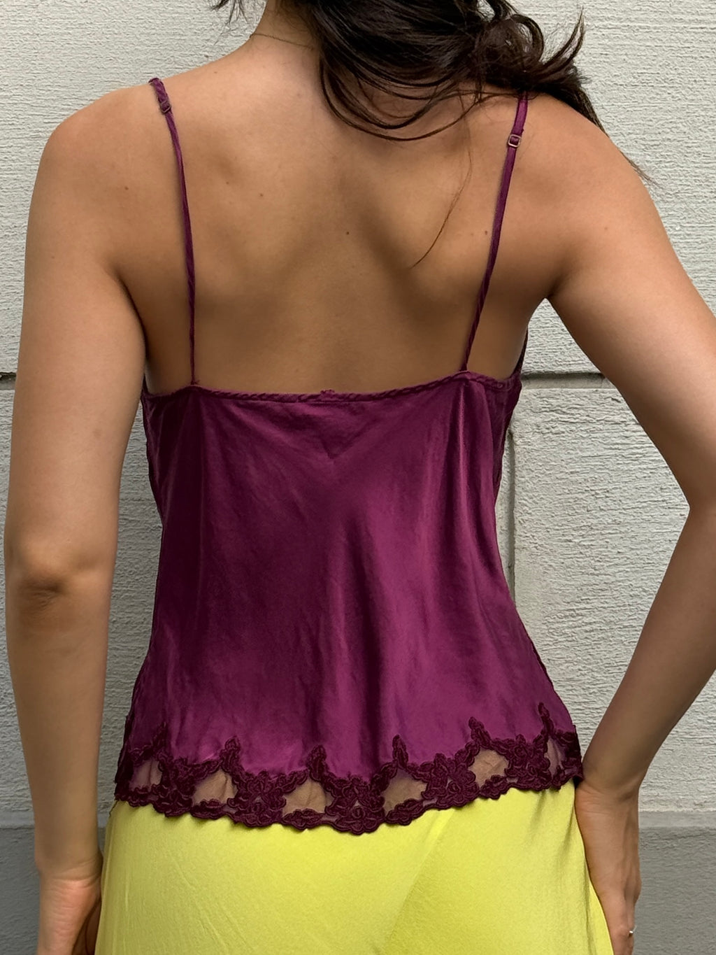 Vintage 100% Silk Fuchsia Lace Trim Tank Top S/M