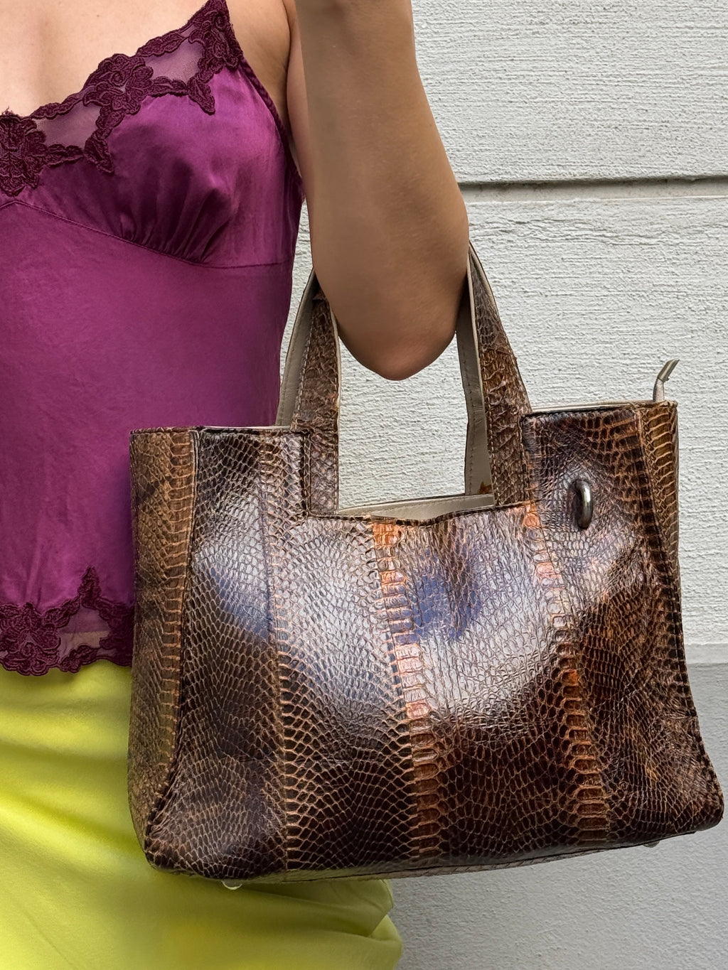 Vintage 100% Genuine Leather Snakeskin Brown Bag