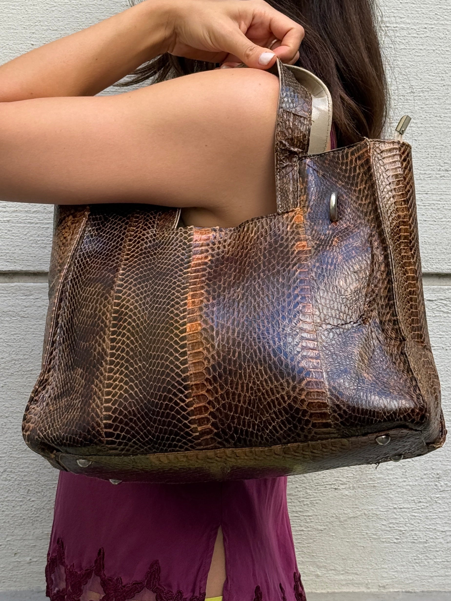 Vintage 100% Genuine Leather Snakeskin Brown Bag
