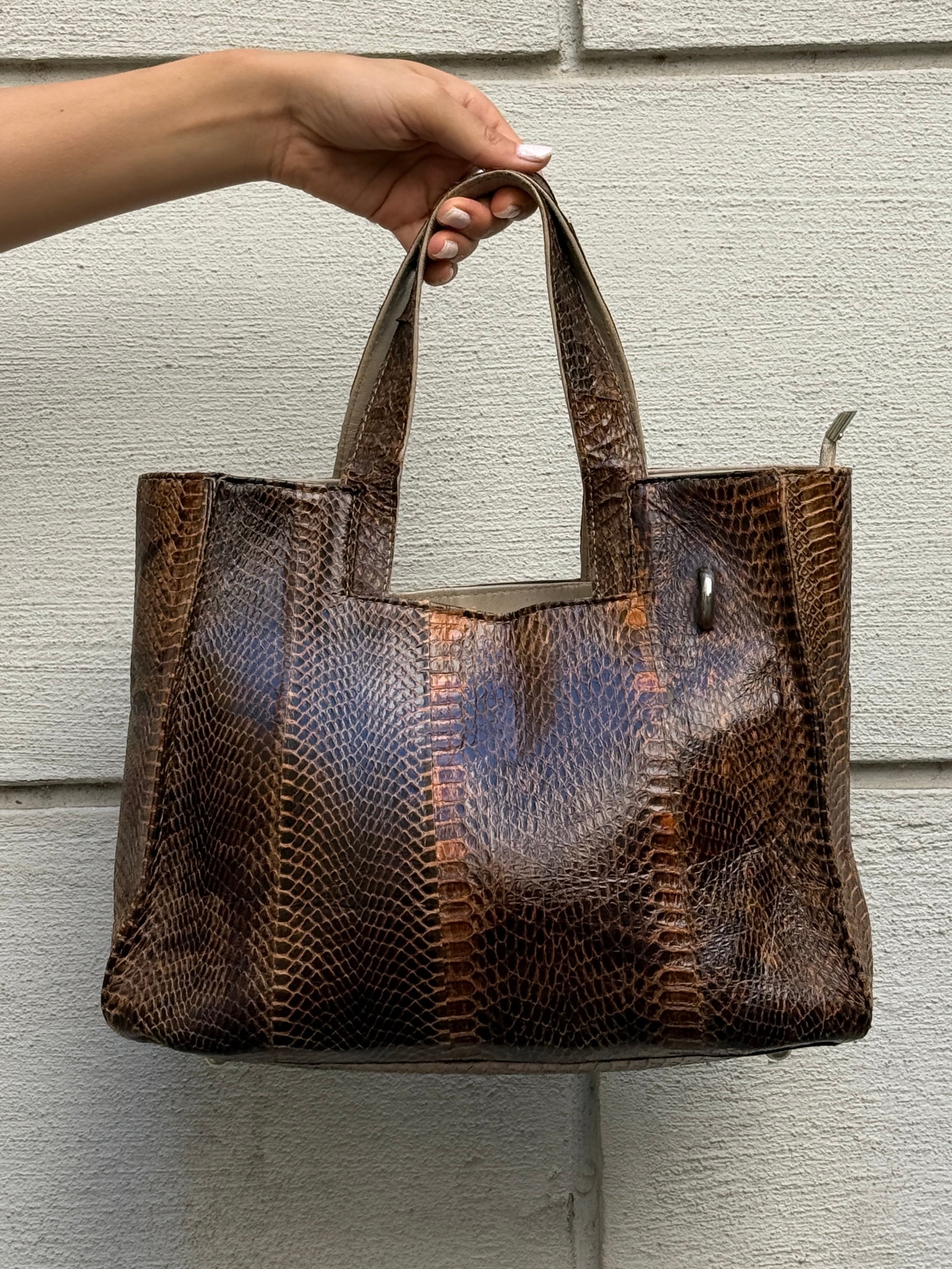 Vintage 100% Genuine Leather Snakeskin Brown Bag