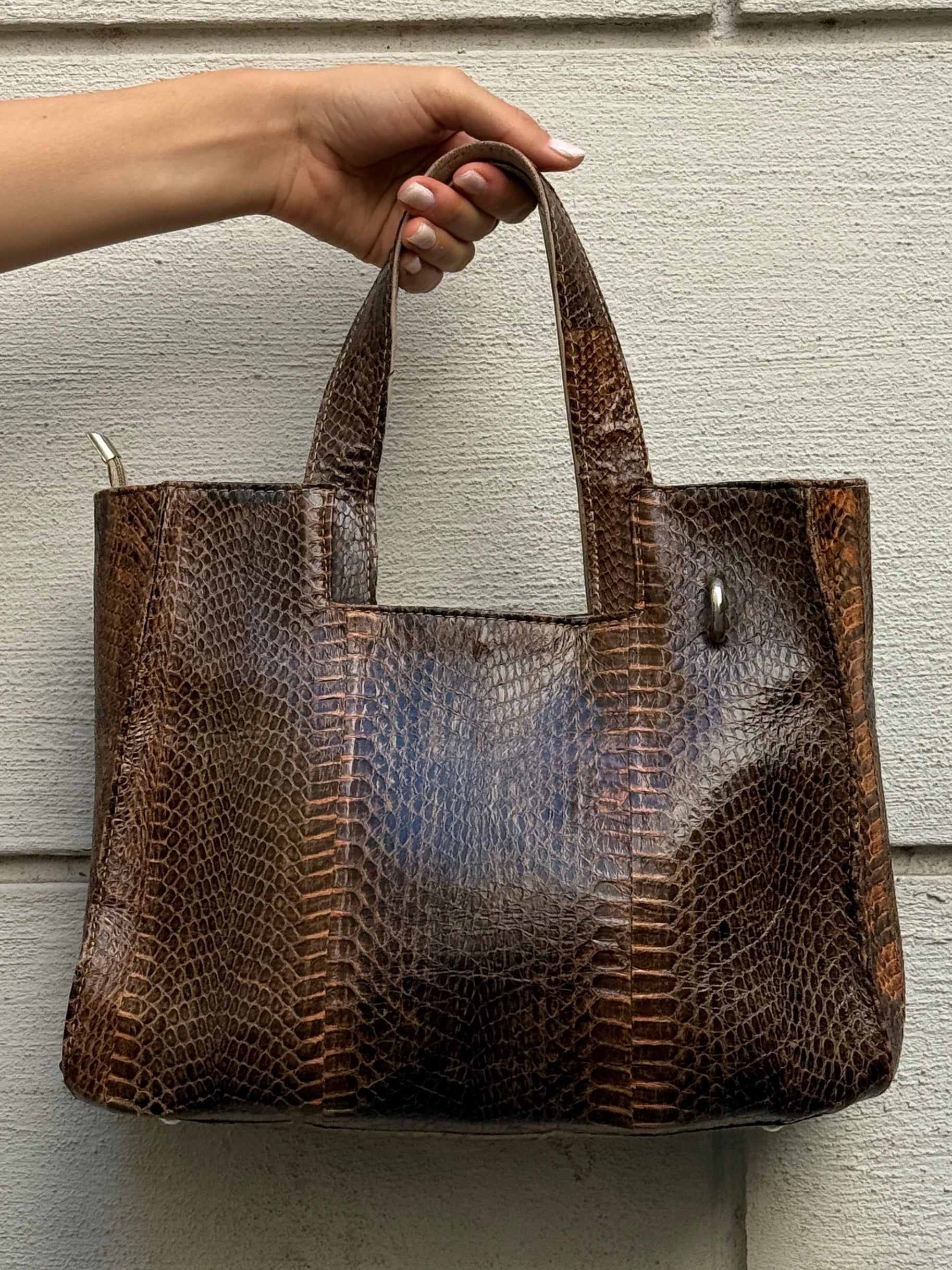 Vintage 100% Genuine Leather Snakeskin Brown Bag