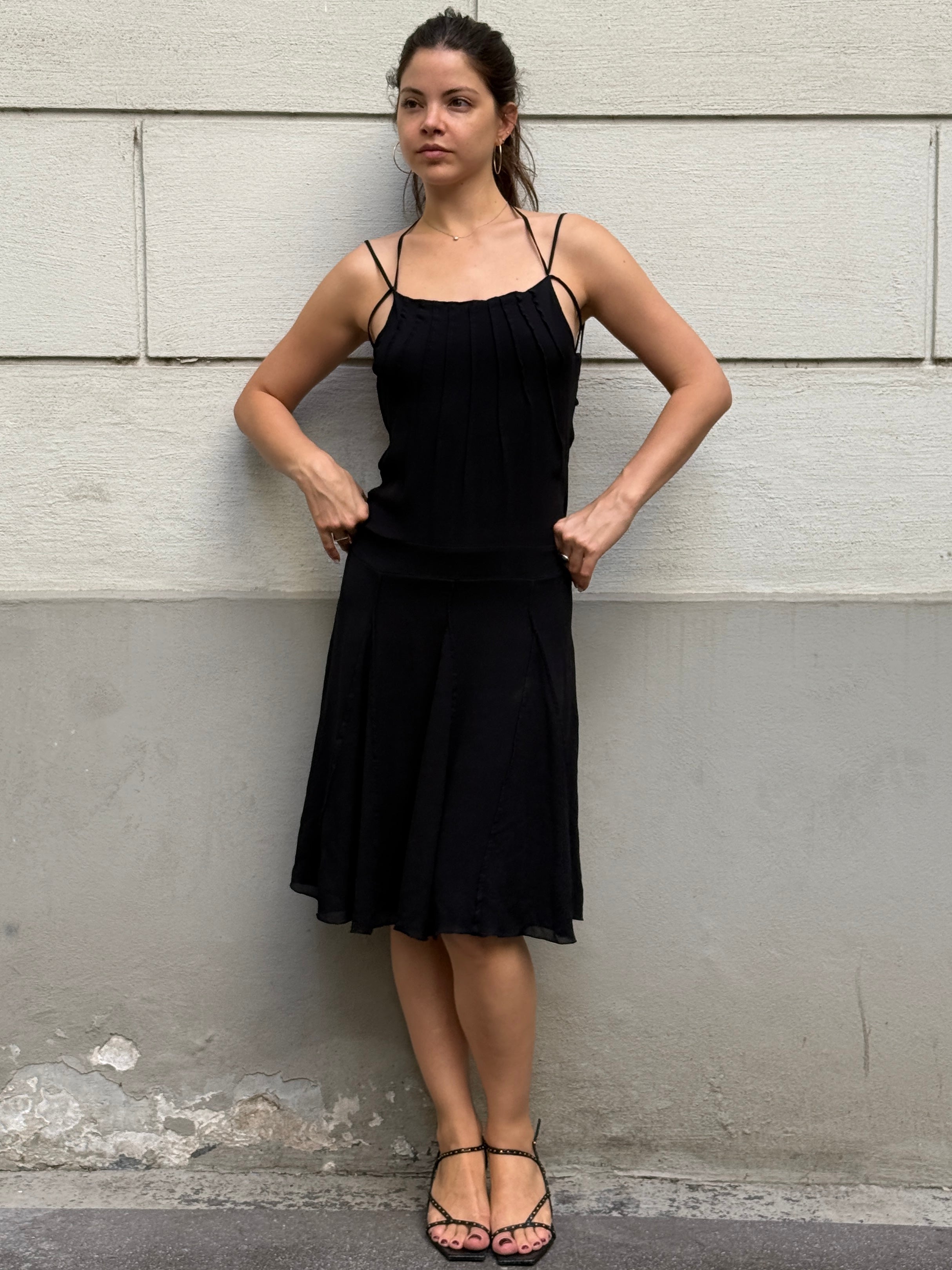 Vintage Y2K 100% Silk Black Cowl Back Halter Dress S/M
