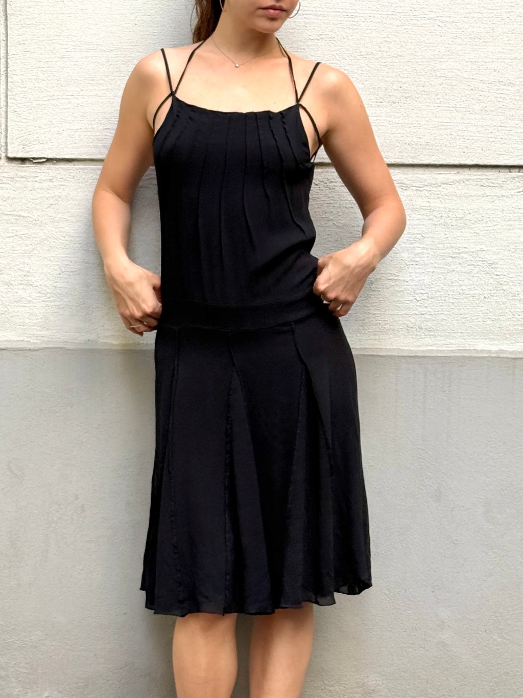 Vintage Y2K 100% Silk Black Cowl Back Halter Dress S/M