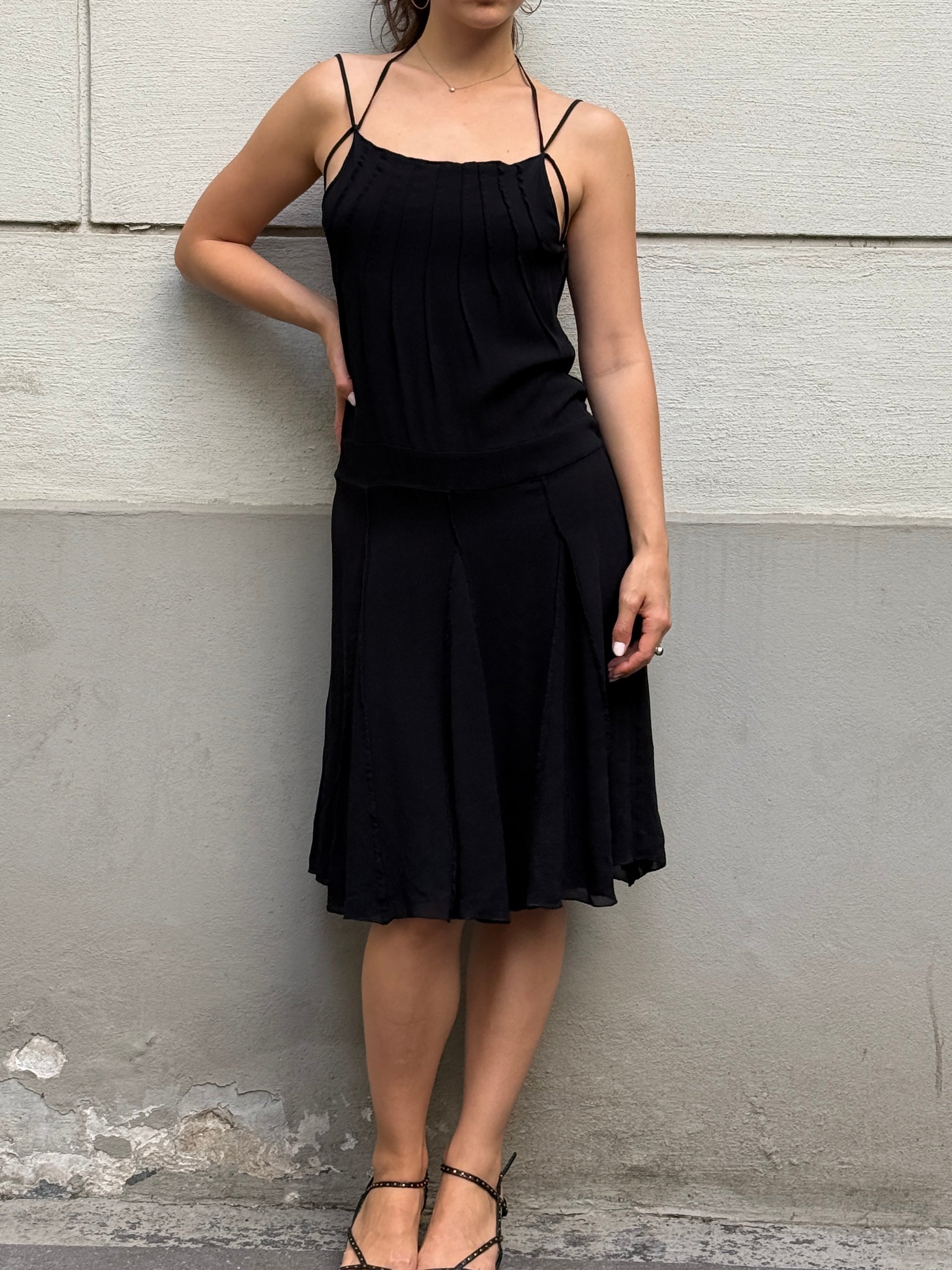 Vintage Y2K 100% Silk Black Cowl Back Halter Dress S/M