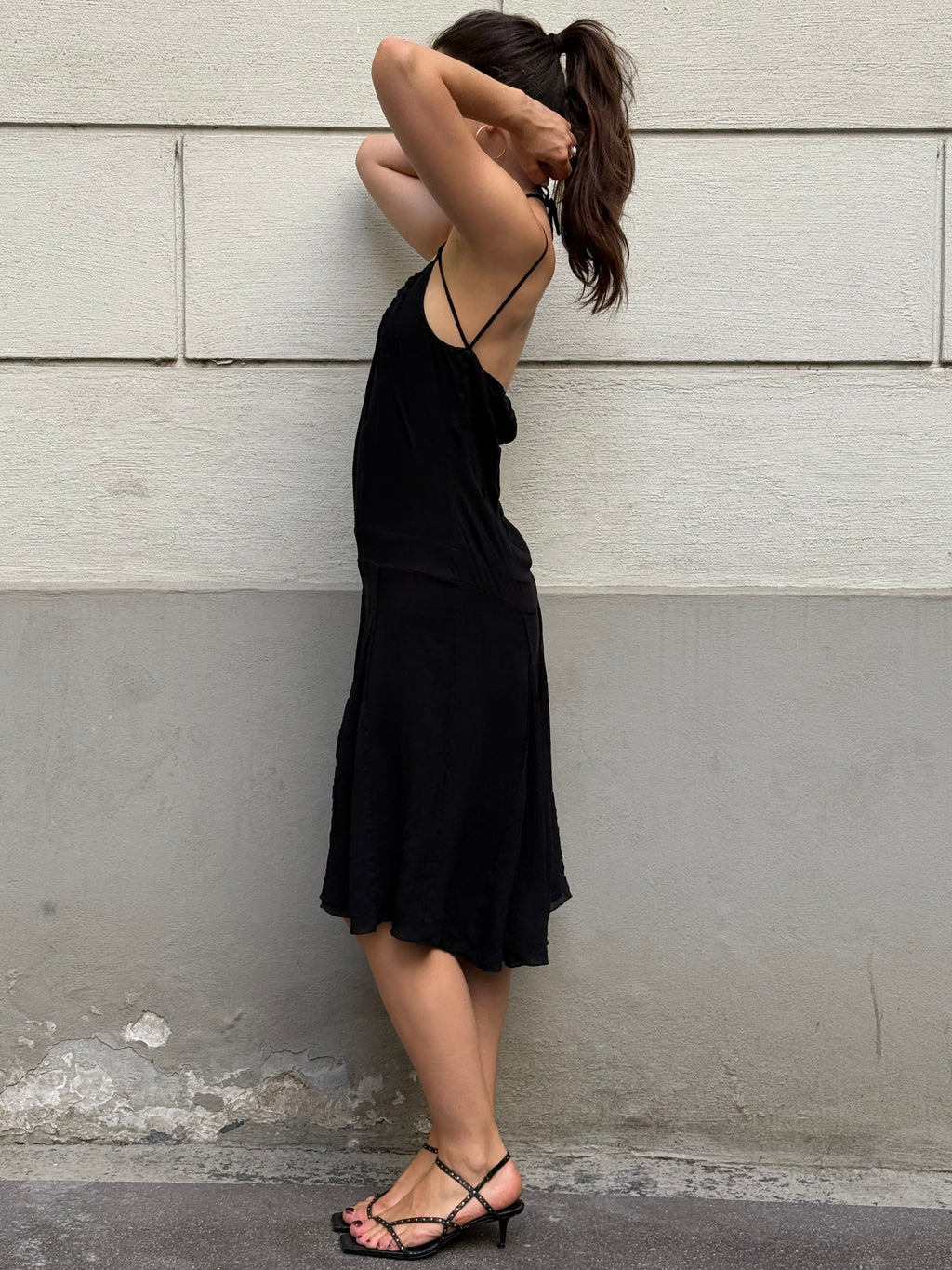 Vintage Y2K 100% Silk Black Cowl Back Halter Dress S/M