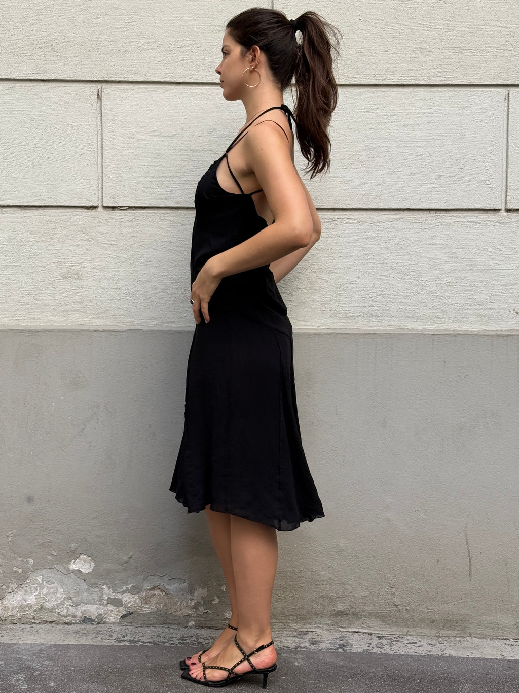 Vintage Y2K 100% Silk Black Cowl Back Halter Dress S/M