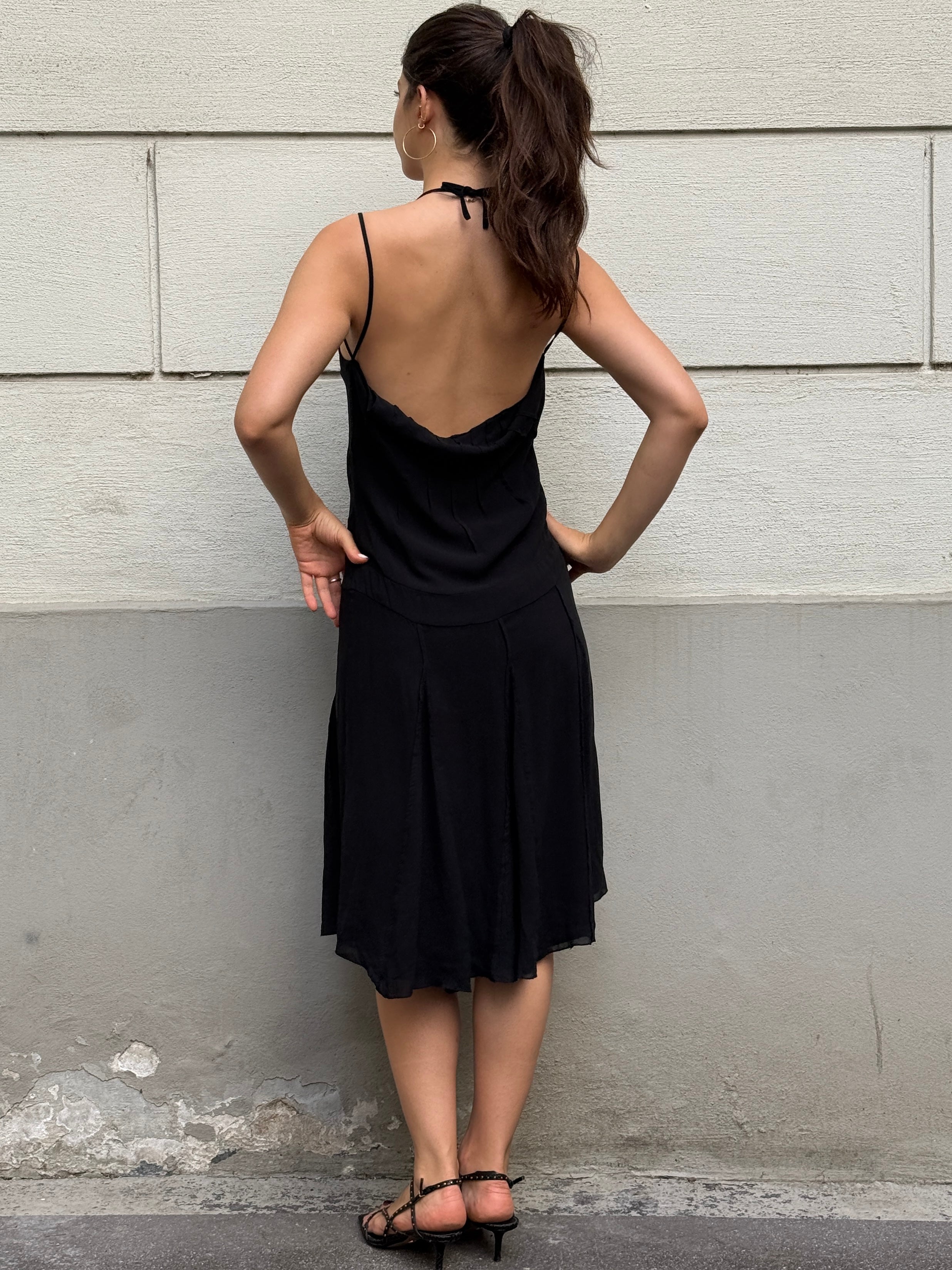 Vintage Y2K 100% Silk Black Cowl Back Halter Dress S/M