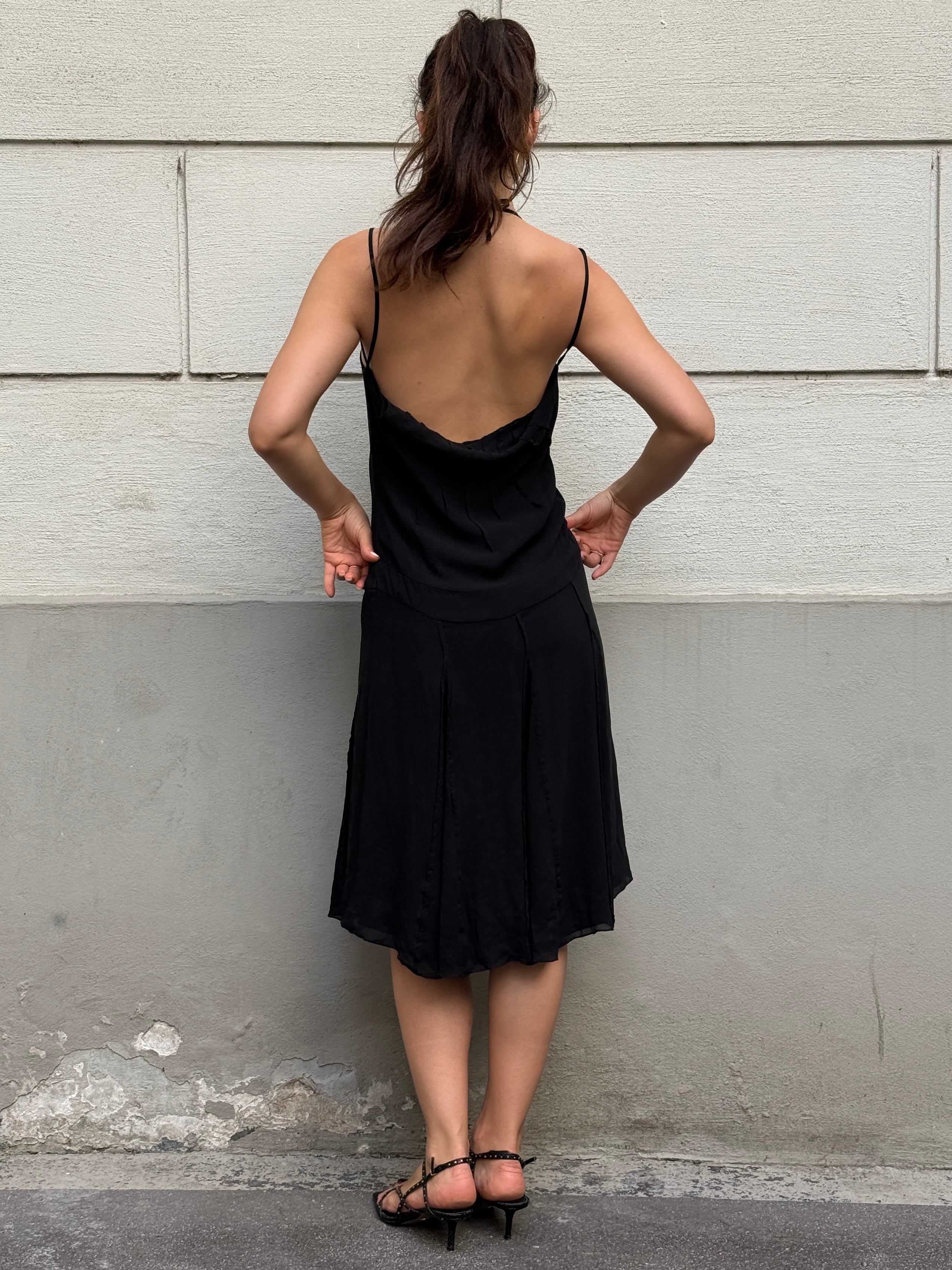 Vintage Y2K 100% Silk Black Cowl Back Halter Dress S/M
