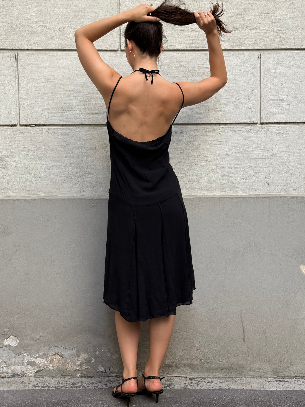 Vintage Y2K 100% Silk Black Cowl Back Halter Dress S/M