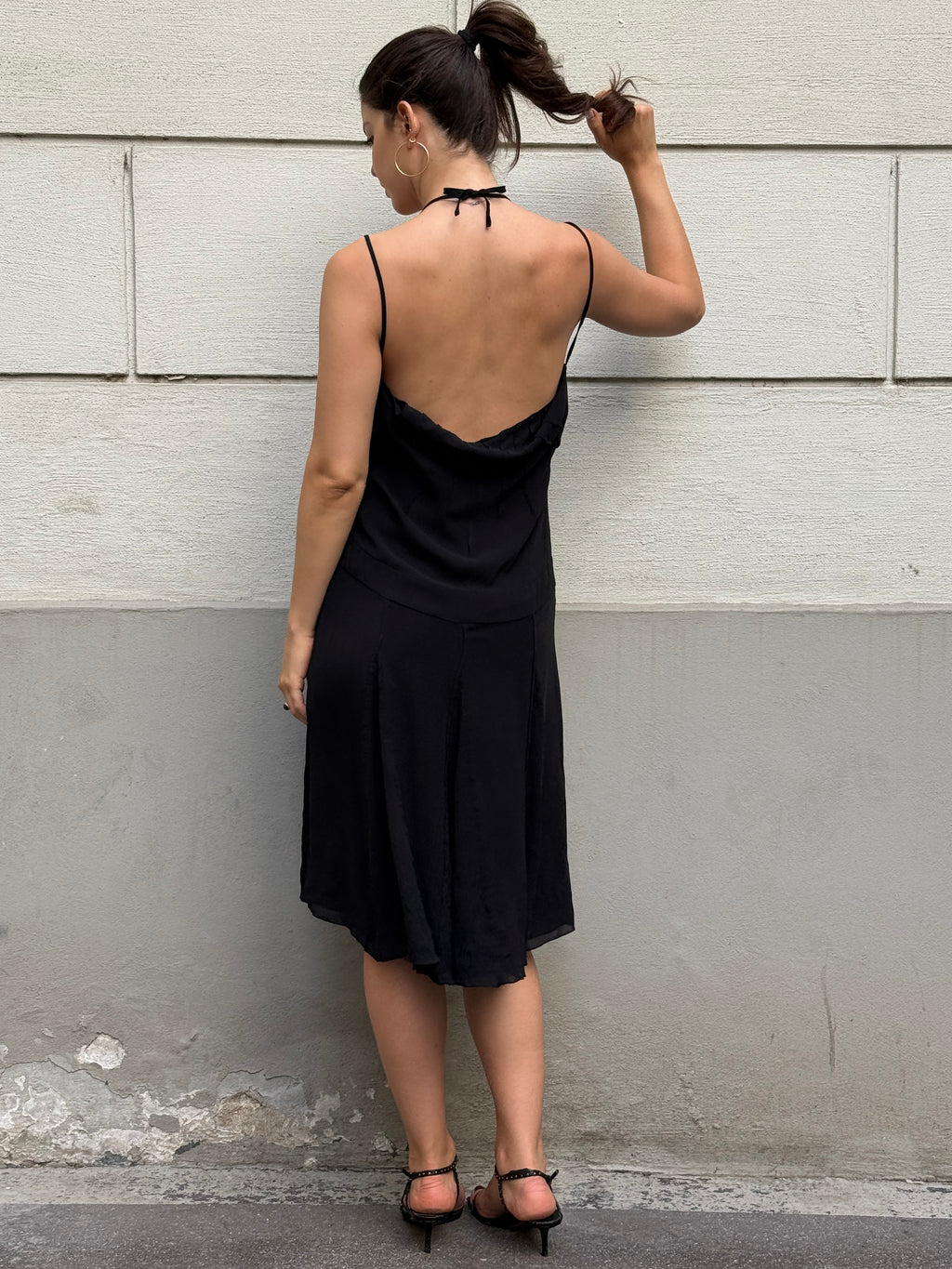 Vintage Y2K 100% Silk Black Cowl Back Halter Dress S/M