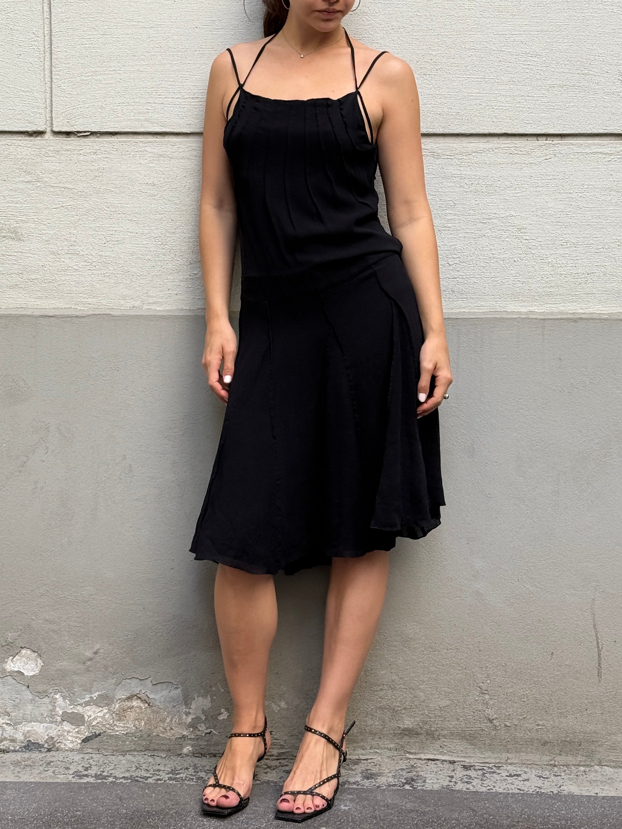 Vintage Y2K 100% Silk Black Cowl Back Halter Dress S/M