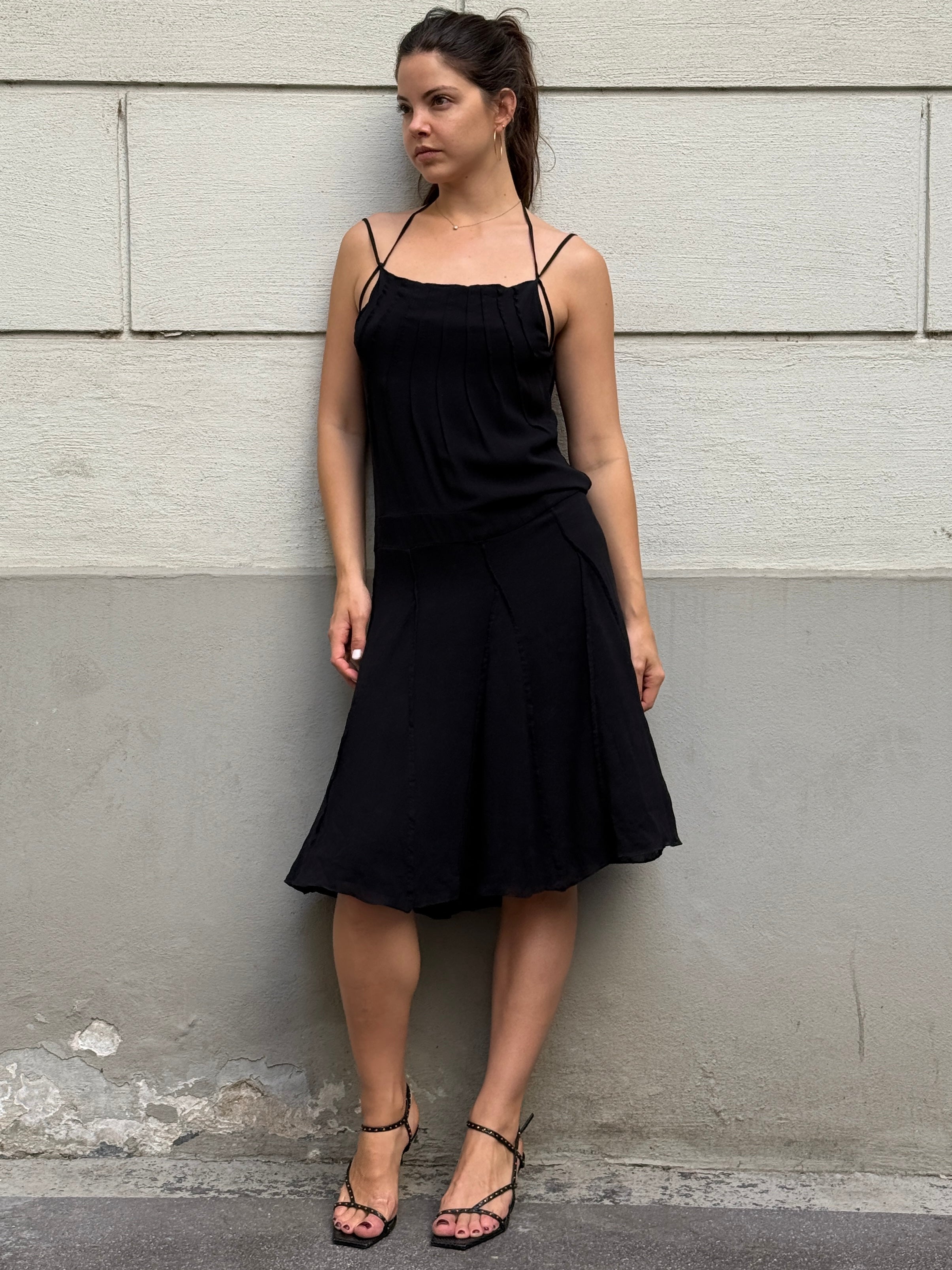 Vintage Y2K 100% Silk Black Cowl Back Halter Dress S/M
