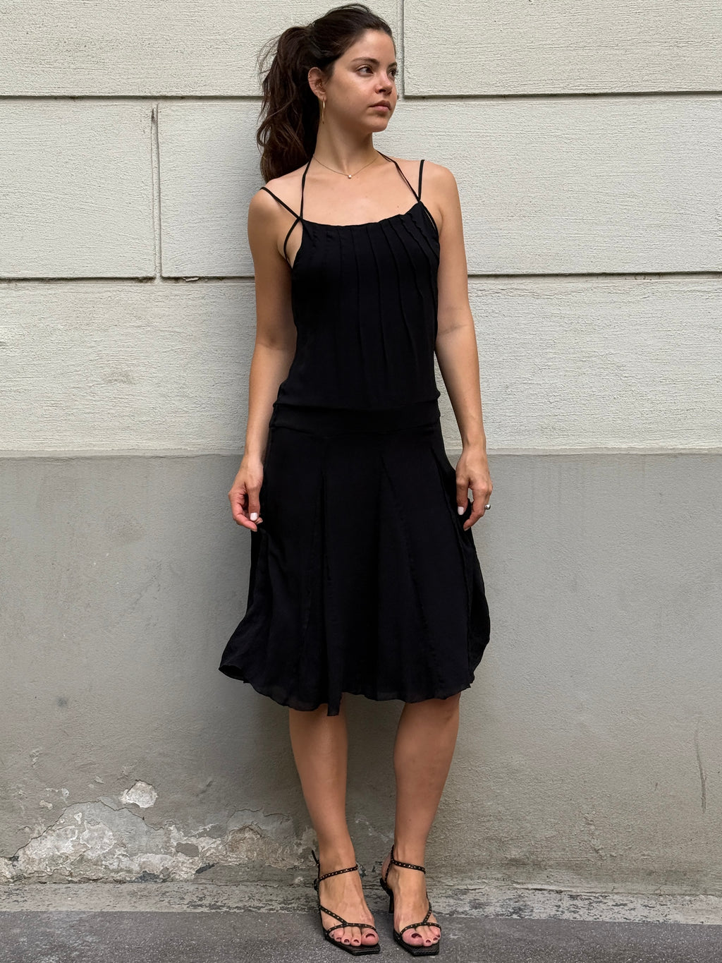 Vintage Y2K 100% Silk Black Cowl Back Halter Dress S/M