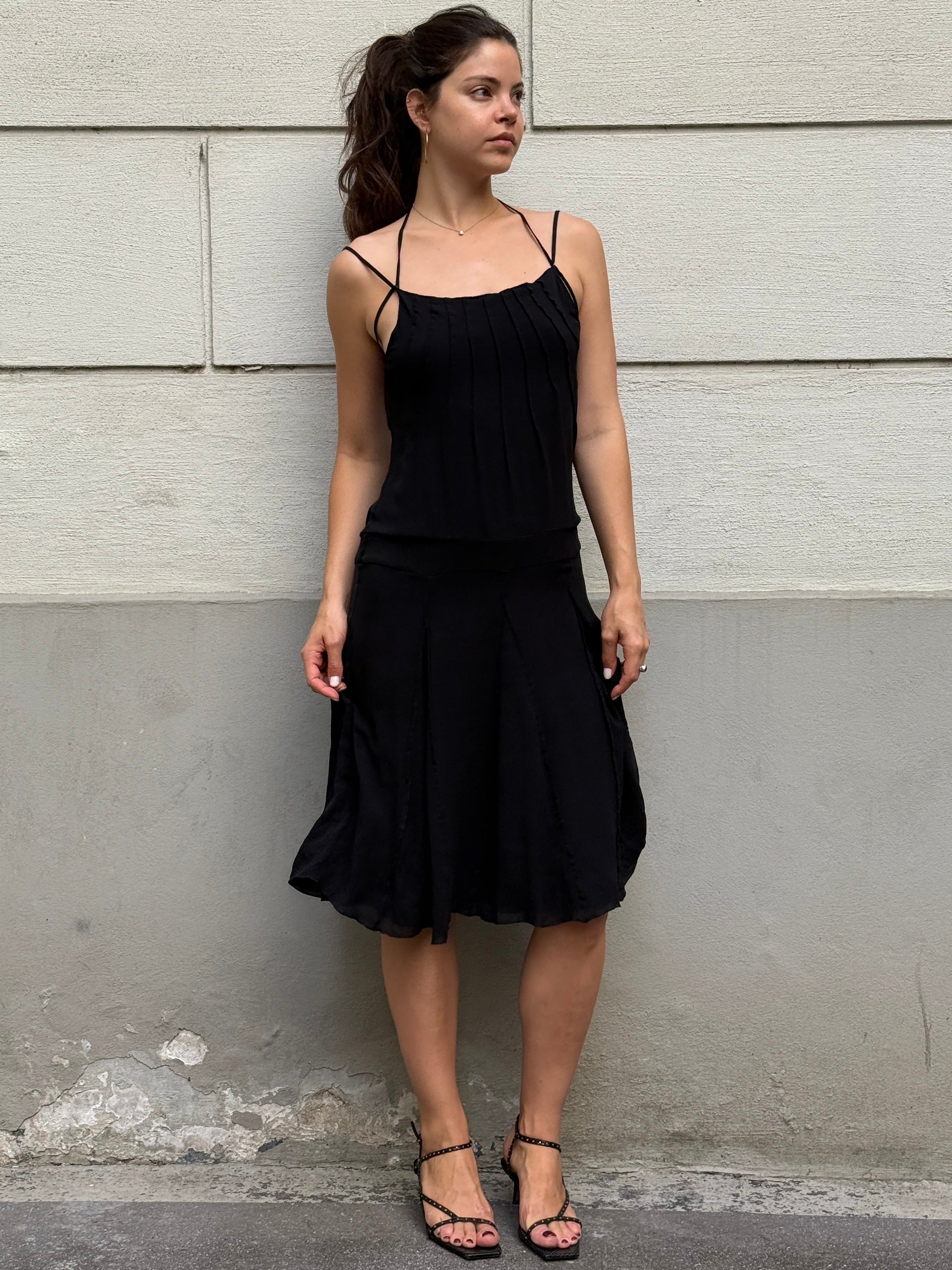 Vintage Y2K 100% Silk Black Cowl Back Halter Dress S/M