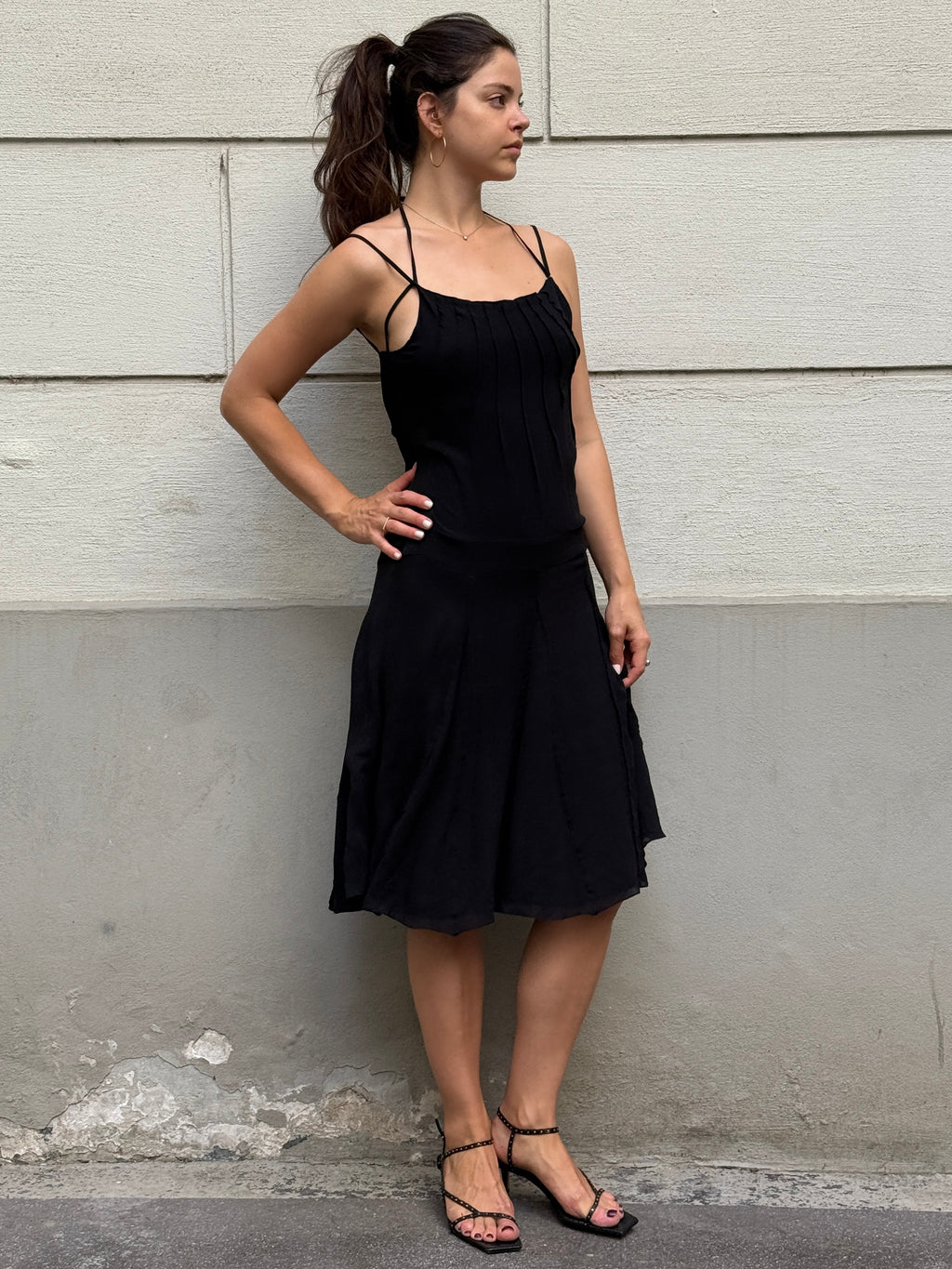 Vintage Y2K 100% Silk Black Cowl Back Halter Dress S/M
