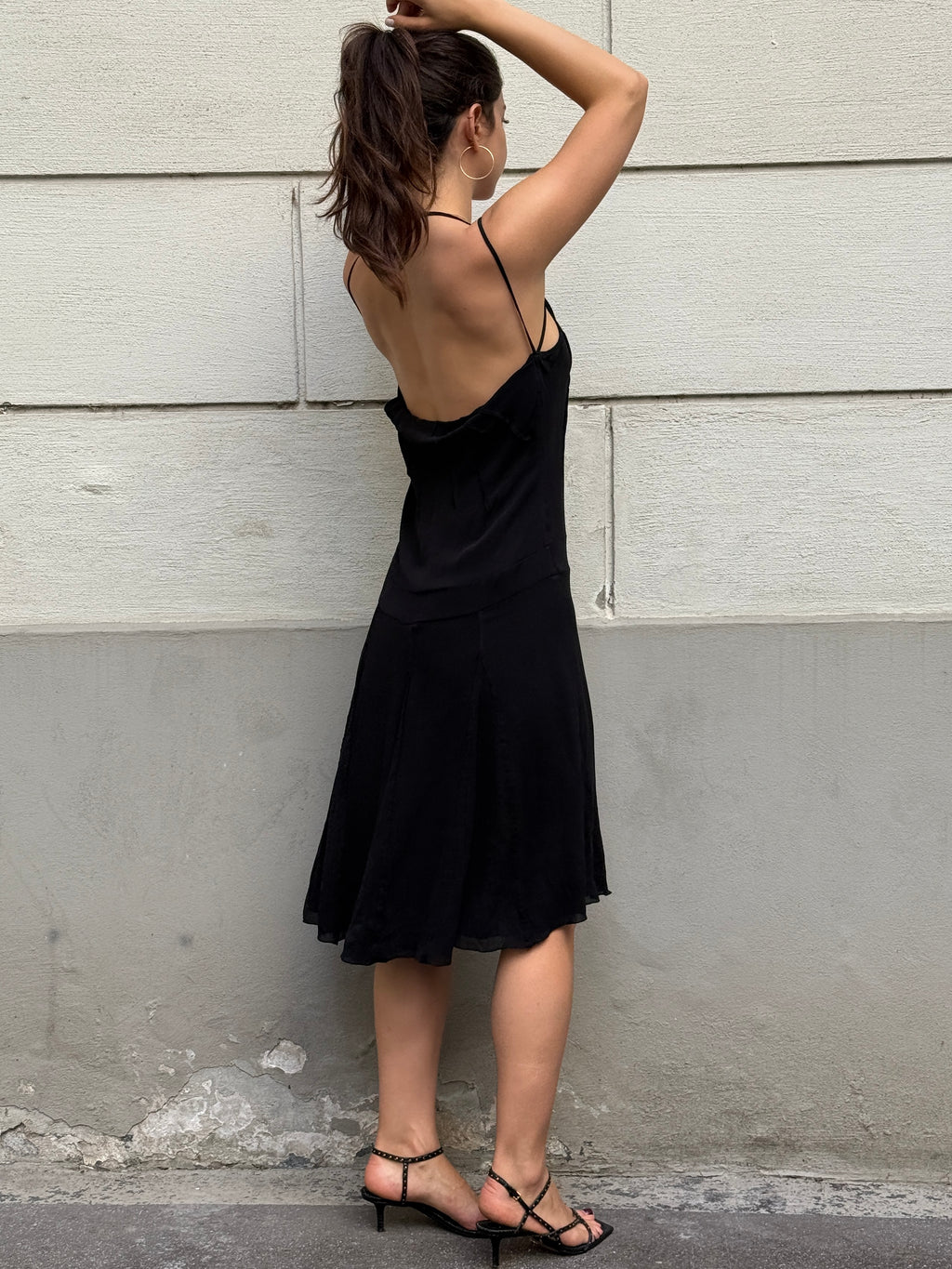 Vintage Y2K 100% Silk Black Cowl Back Halter Dress S/M