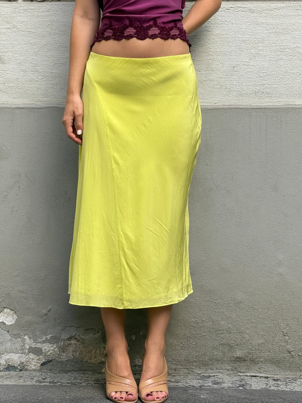 COS 100% Silk Neon Yellow Midi Skirt S/M