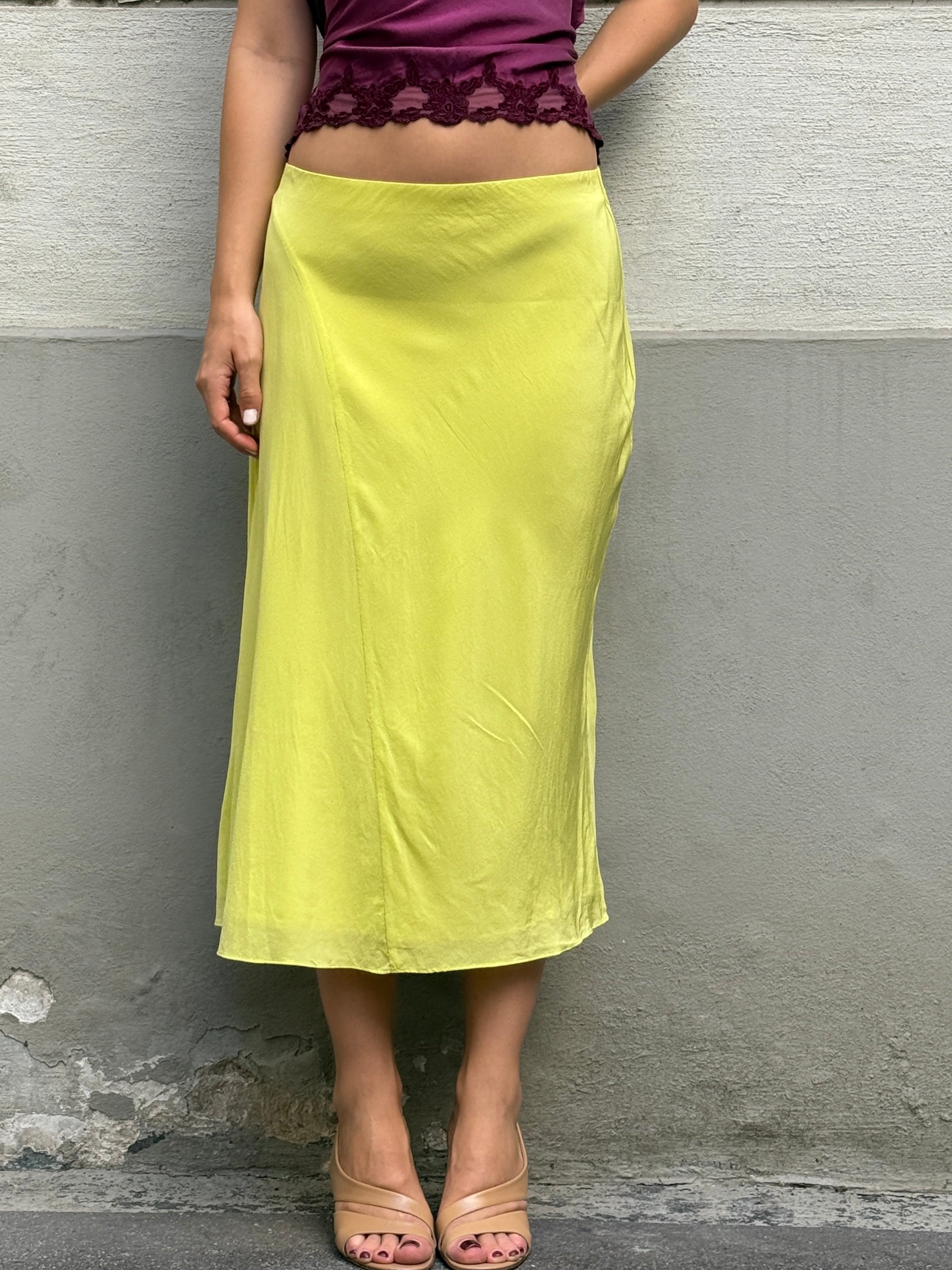 COS 100% Silk Neon Yellow Midi Skirt S/M