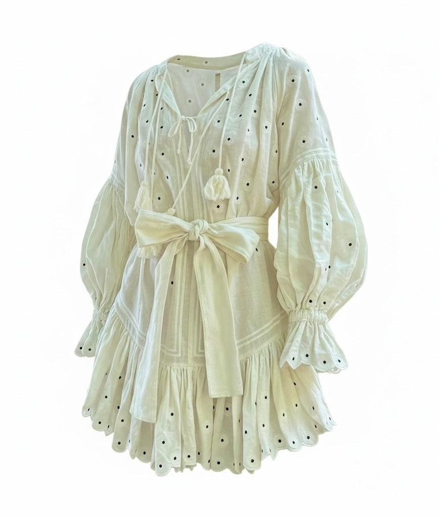 100% Linen White Eyelet Embroidered Dress M