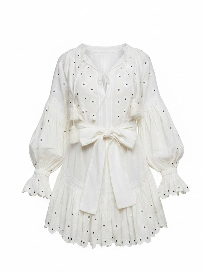 100% Linen White Eyelet Embroidered Dress M